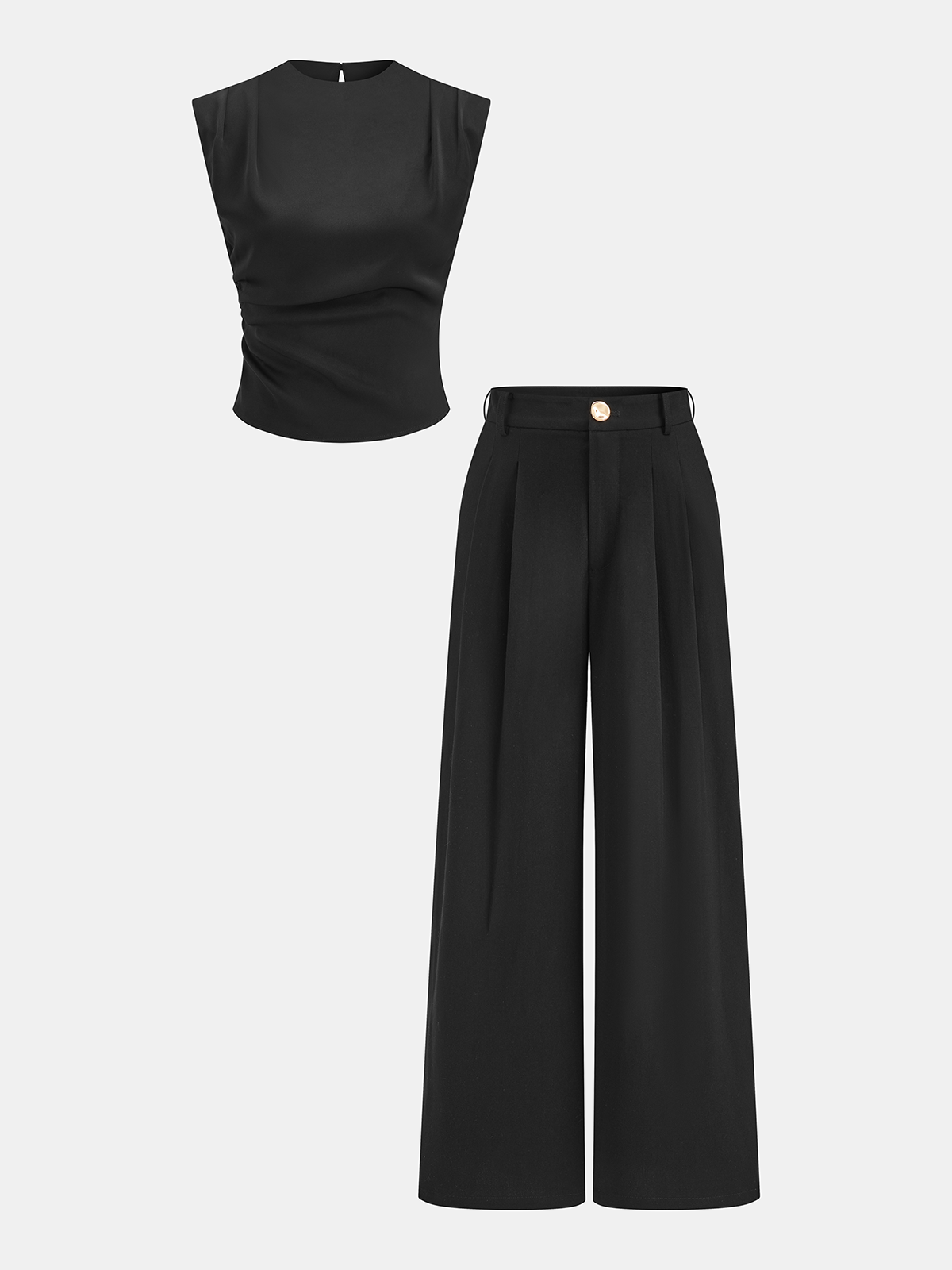 Sleeveless Ruched Top and Pleated Pants Set