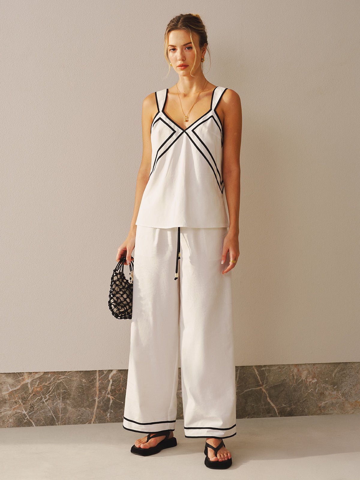 Contrast Trim Cami Top and Wide Leg Pants Set
