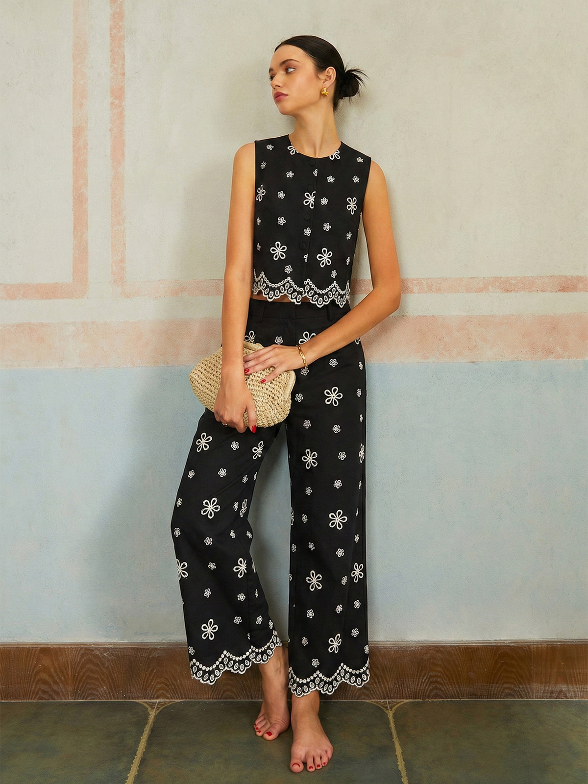 Embroidered Floral Cotton Top and Pants Set