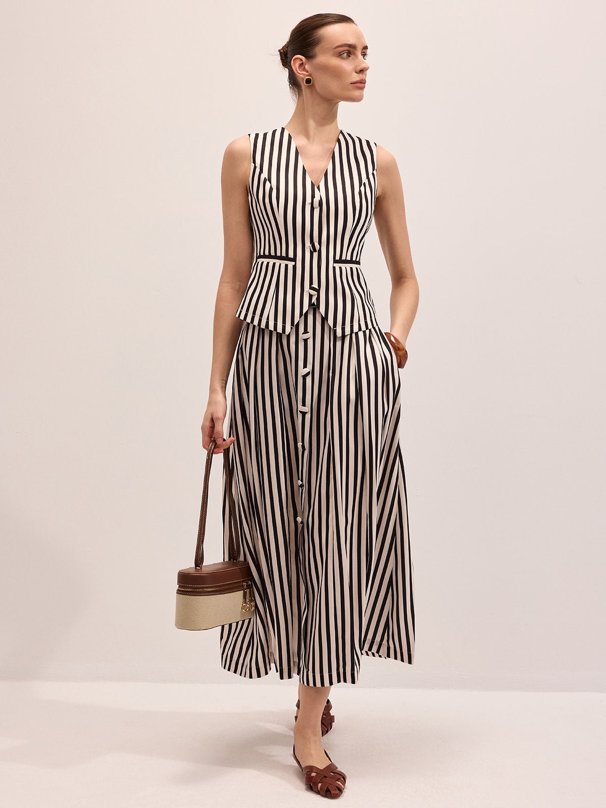 Striped Sleeveless Vest and Maxi Skirt Set