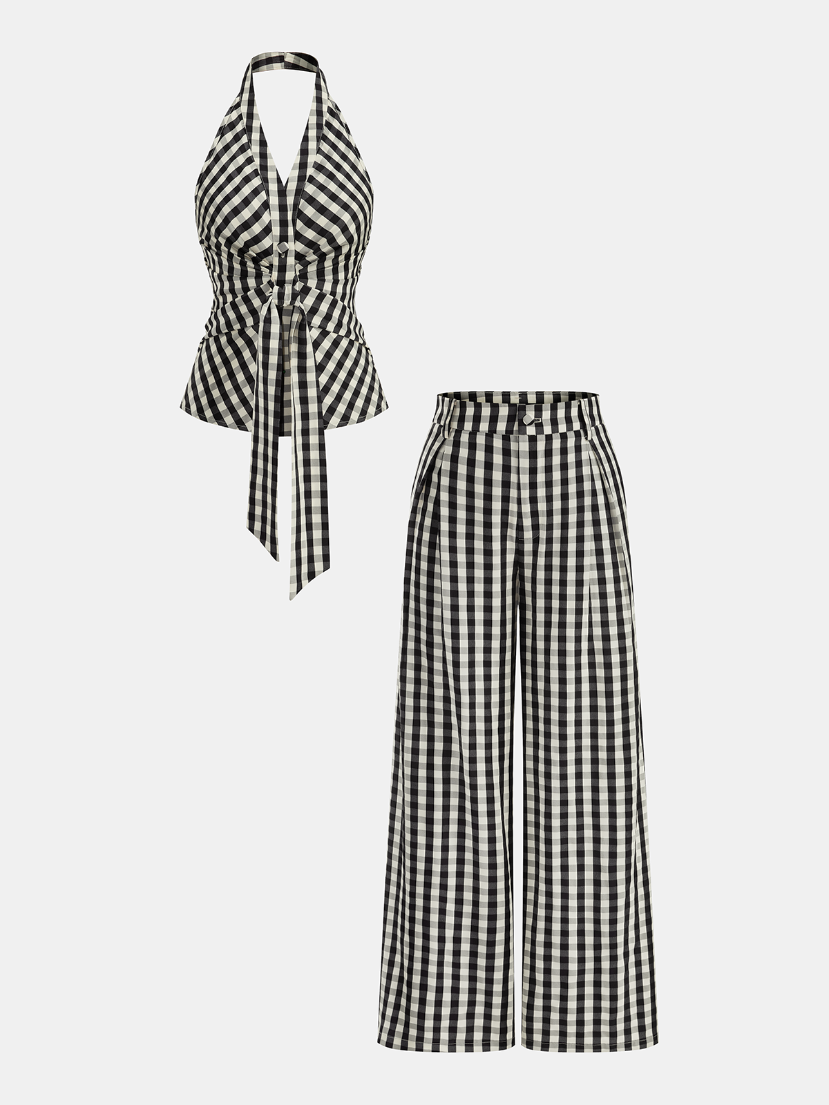 Gingham Halter Tie-Waist Top and Pants Set