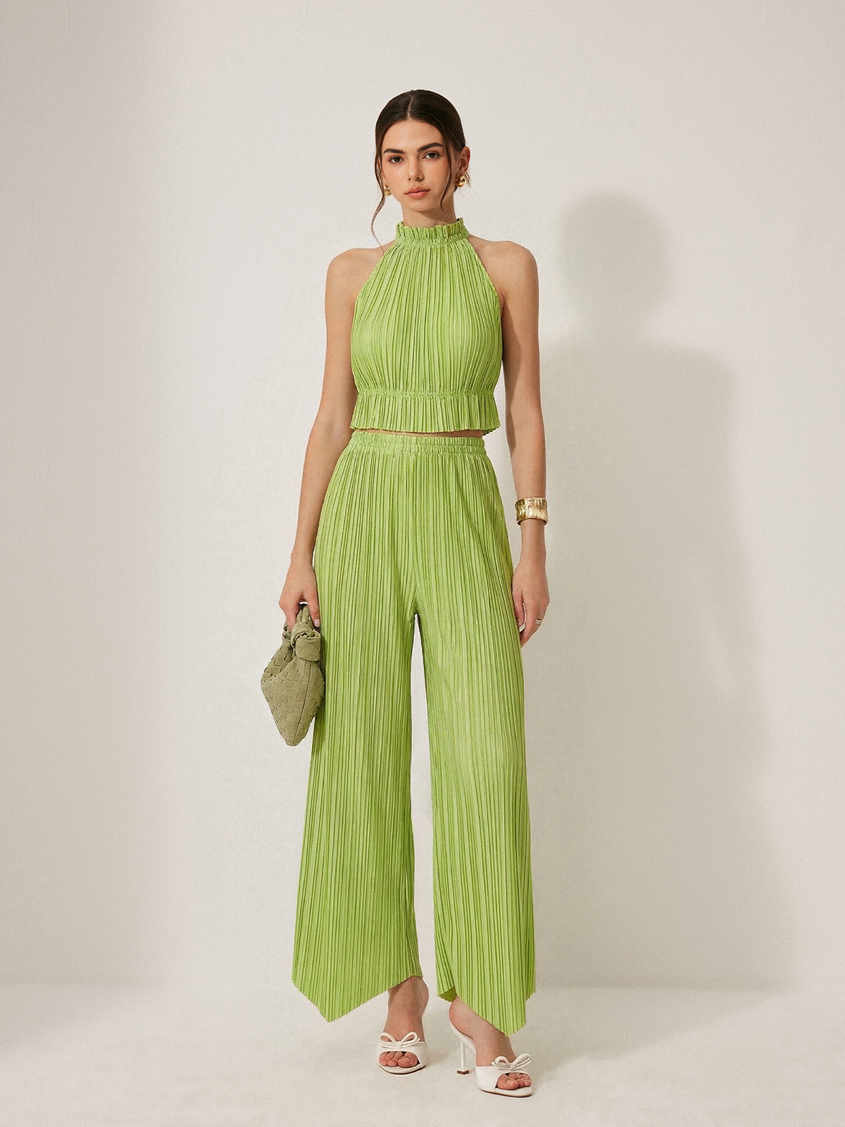 Pleated Halter Crop Top and Pants Set