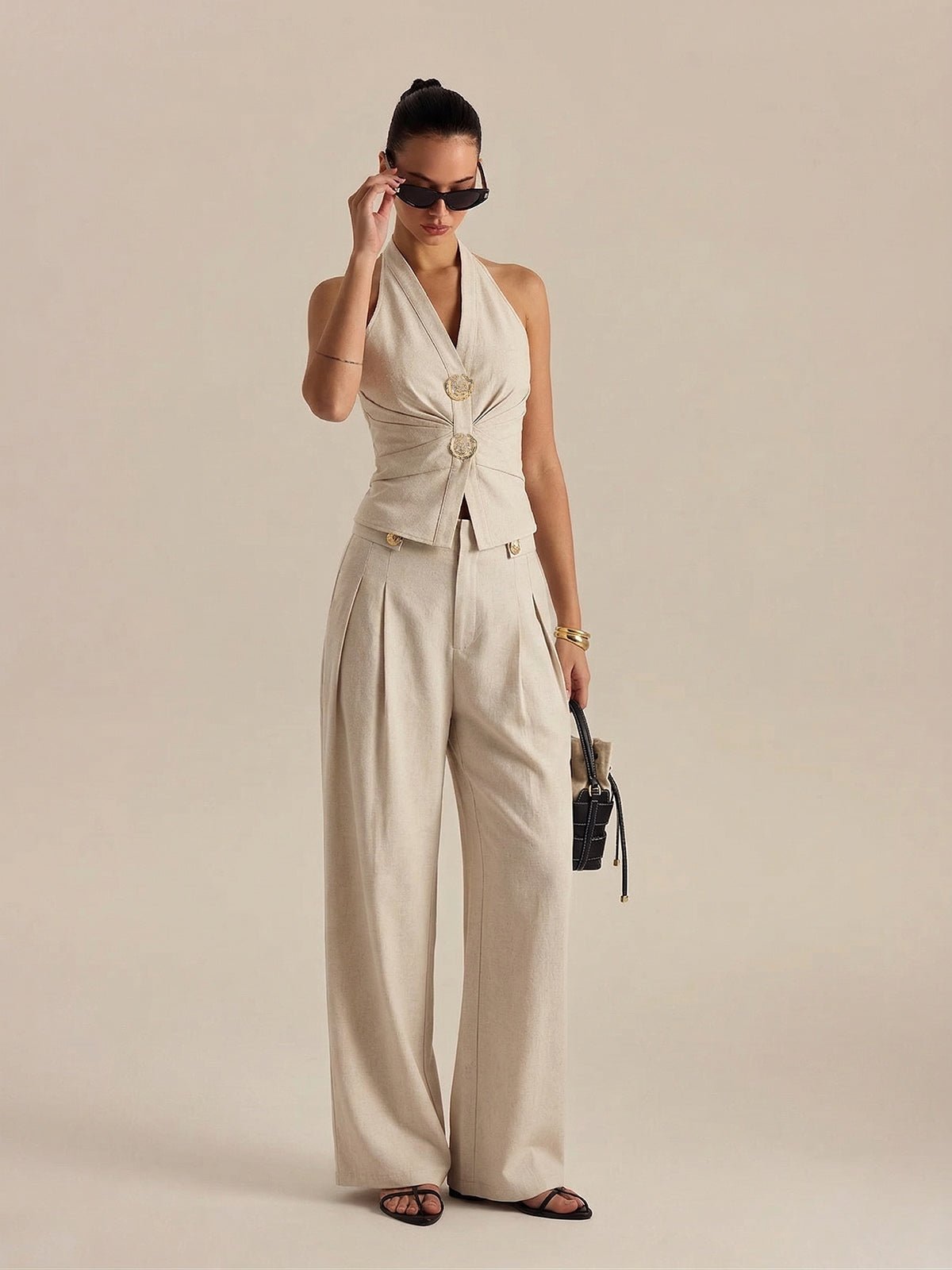 Linen Blend Halter Ruched Top and Pants Set