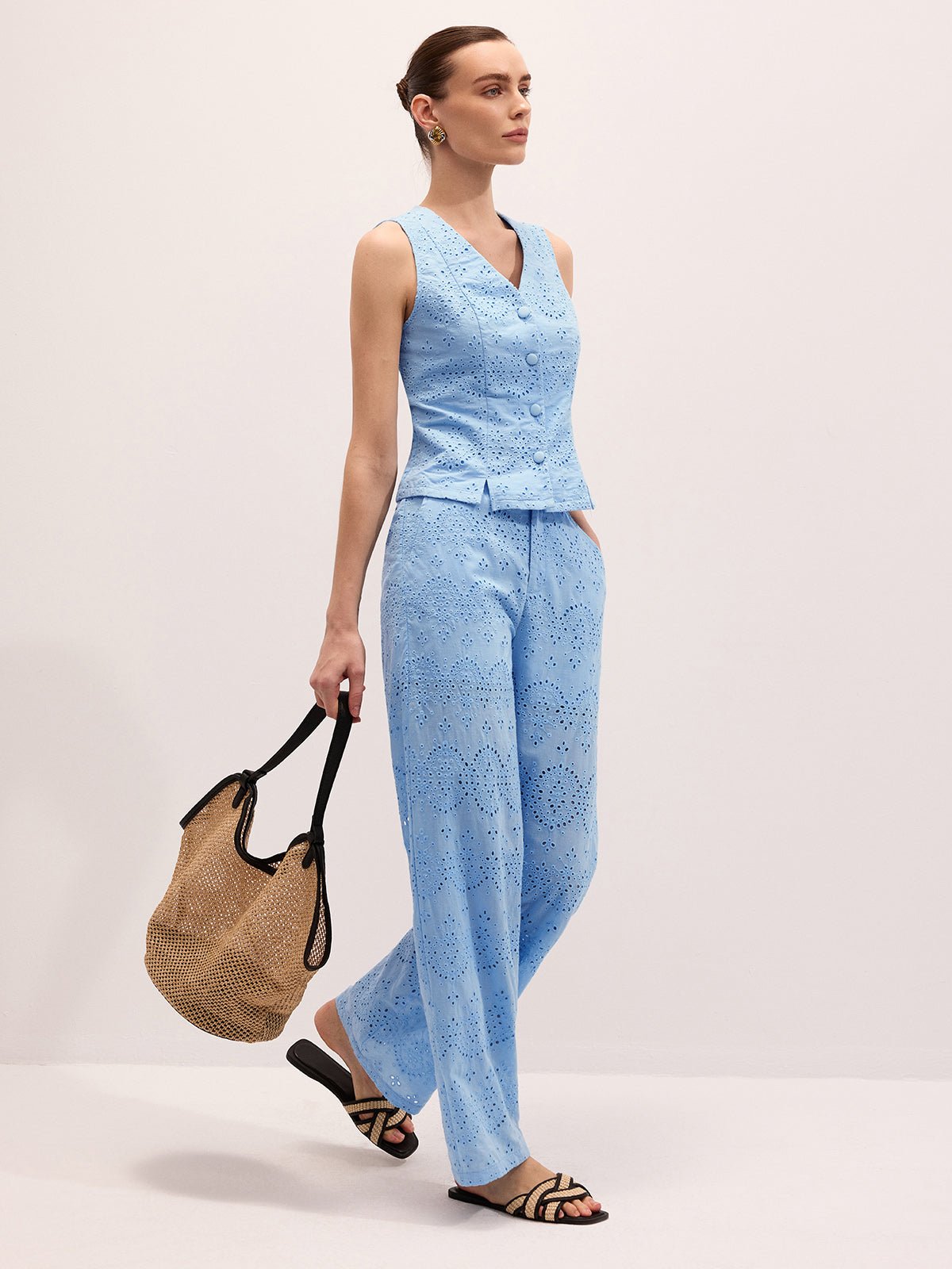 Cotton Eyelet Embroidered Vest and Pants Set