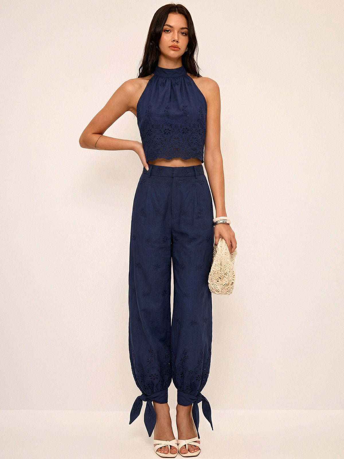 Eyelet Embroidery Top and Tie-Cuff Pants Set