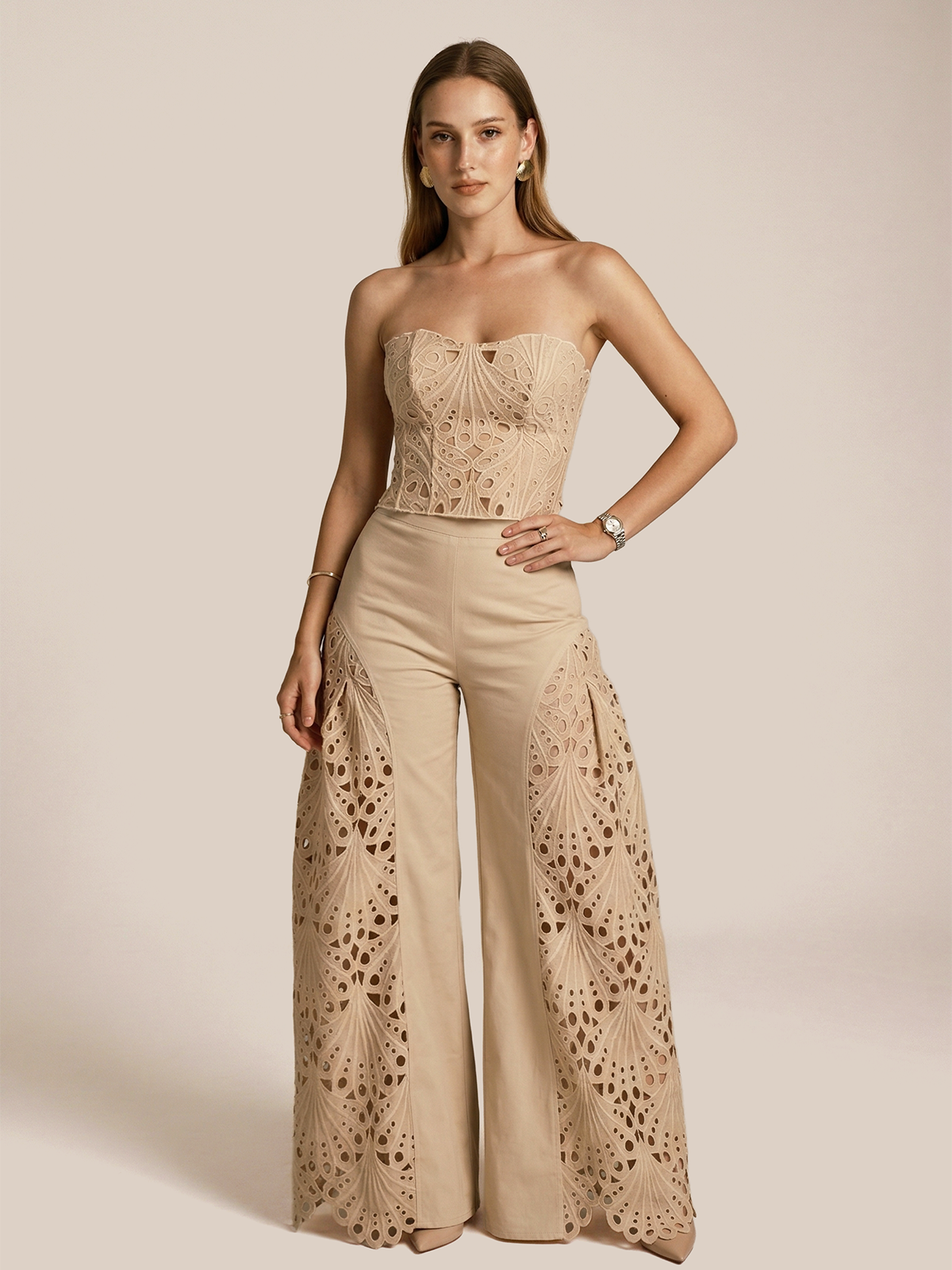 Strapless Eyelet Top and Wide Leg Pants Set