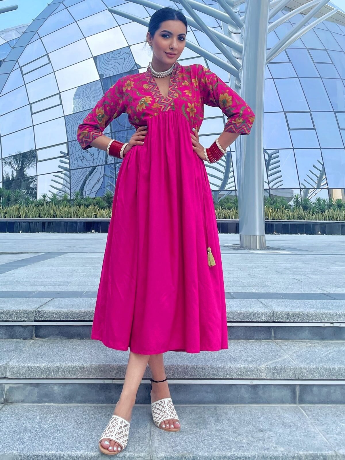 Pink Gathered Alia Cut Dress with Tassels