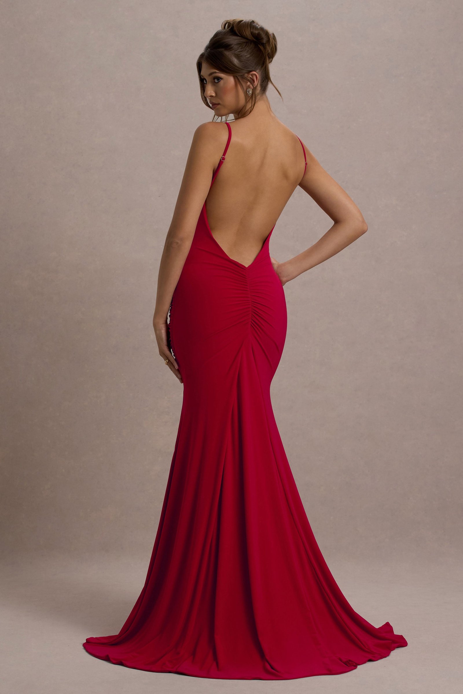 Red Ruched Fishtail Cami Maxi Dress