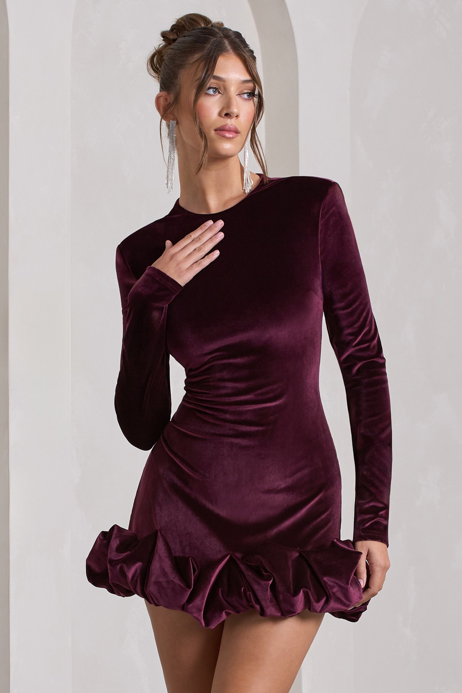 Port Velvet Long-Sleeved Ruffled Mini Dress