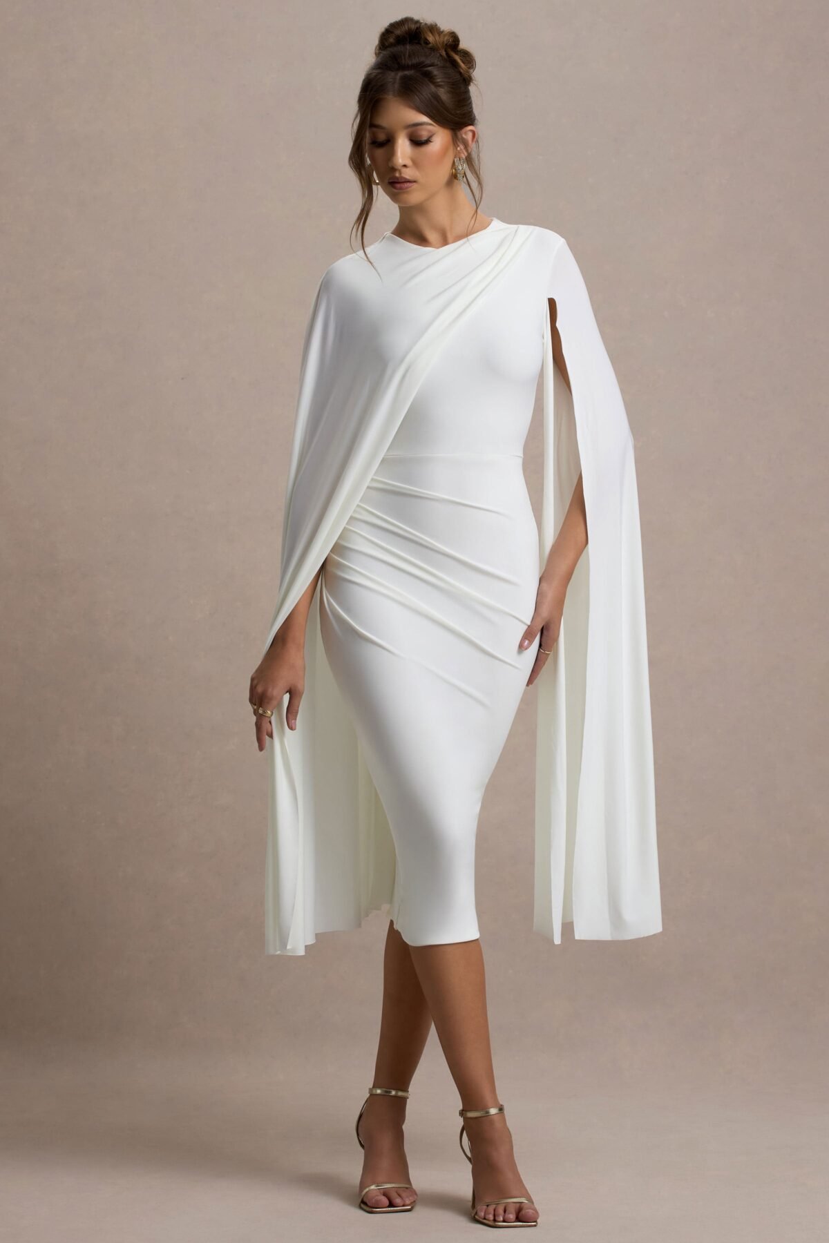 White Asymmetric Cape Midi Dress
