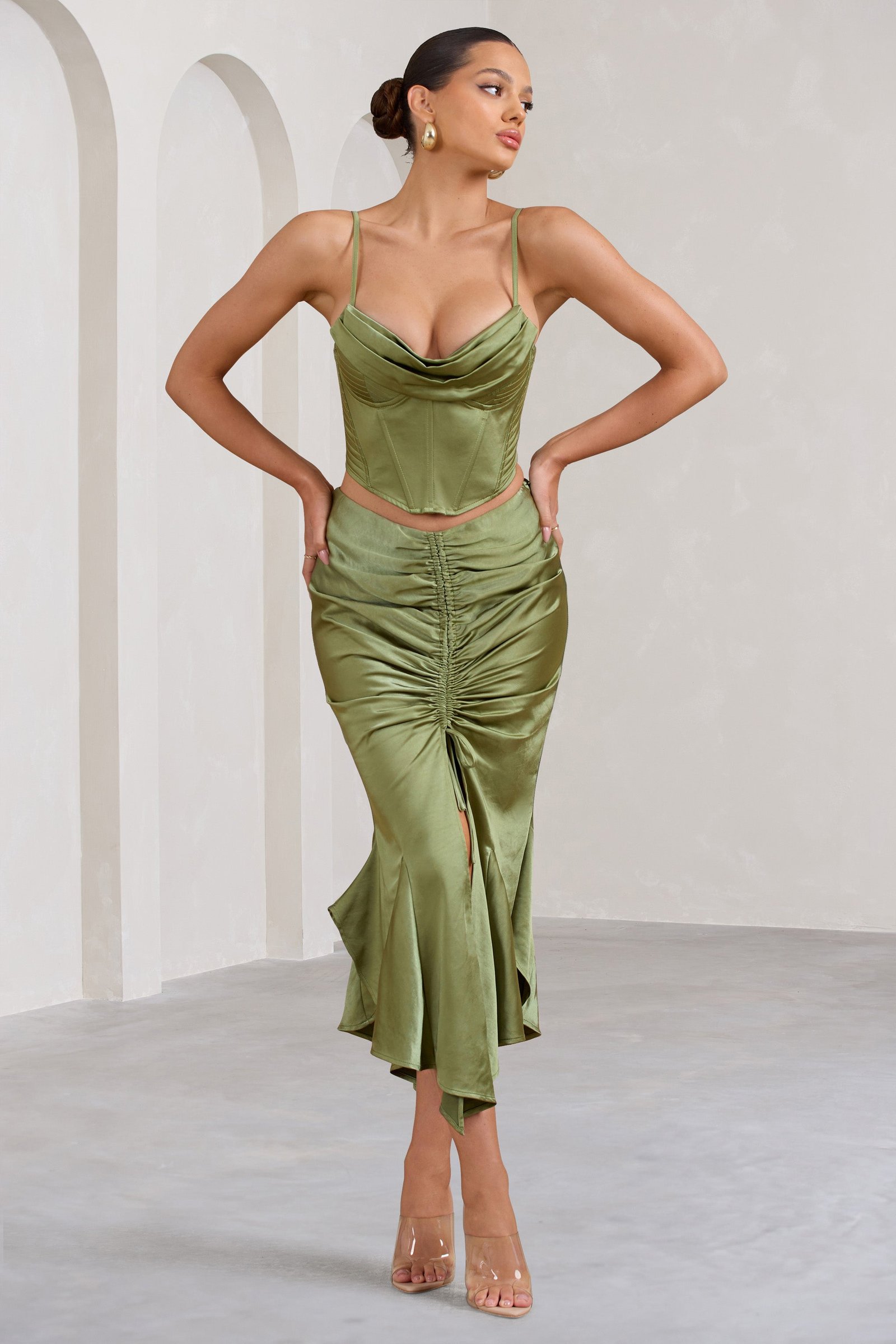Olive Satin Ruched Split Maxi Skirt