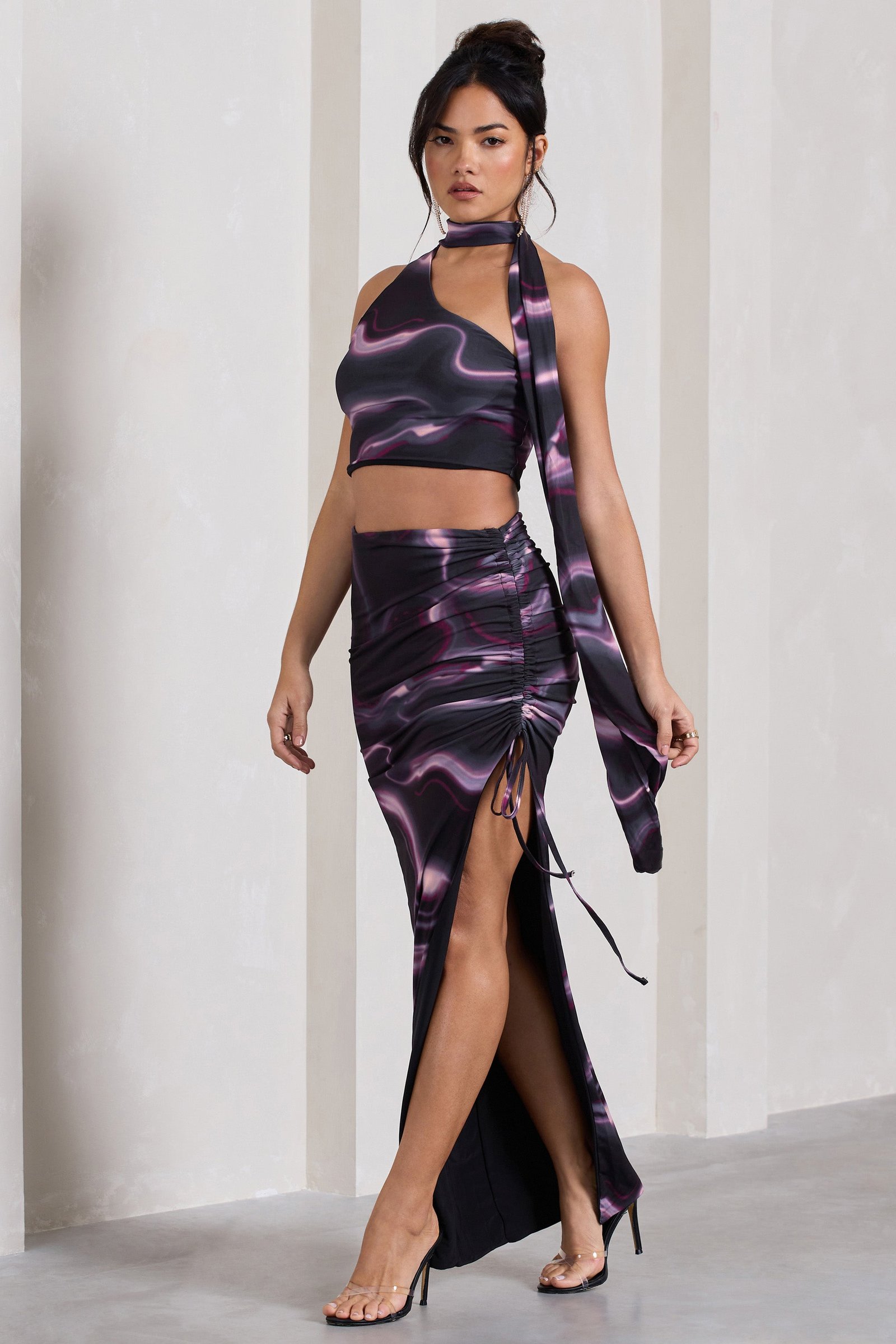Black Printed Ruched Asymmetric High-Waisted Maxi Skirt
