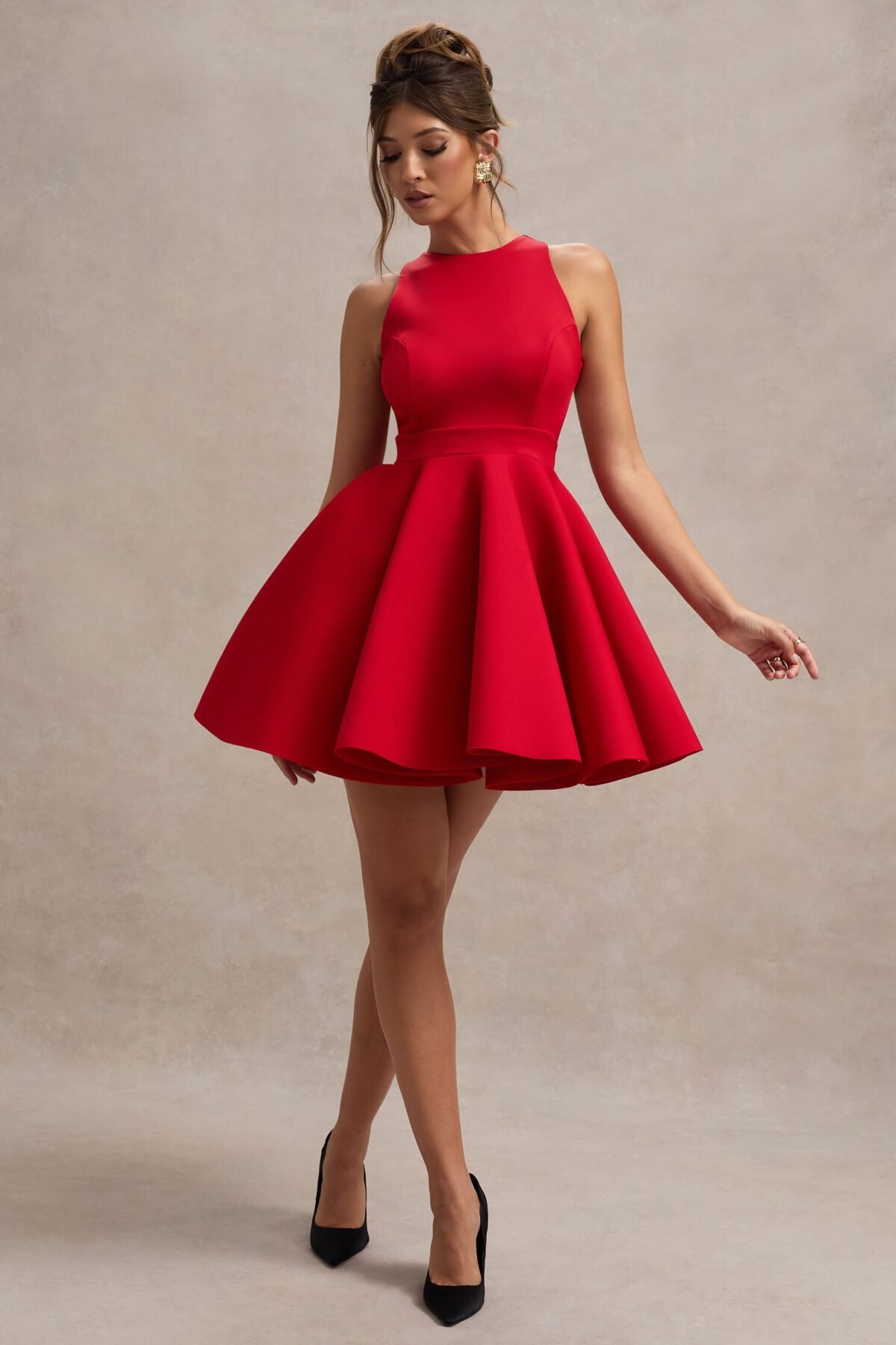 Red Racer-Neck Sleeveless Skater Mini Dress