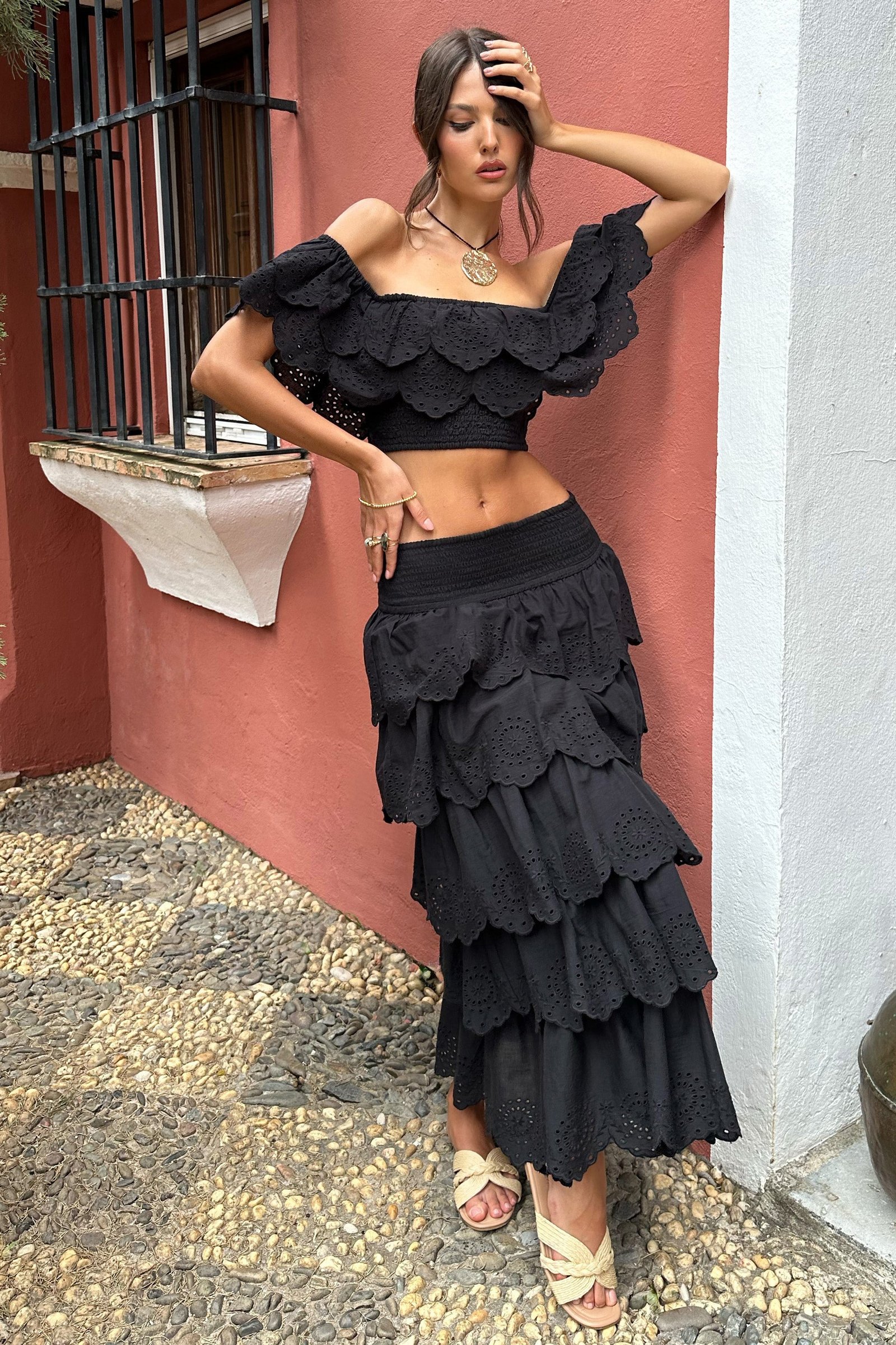 Black Broderie Ruffled Tiered Maxi Skirt