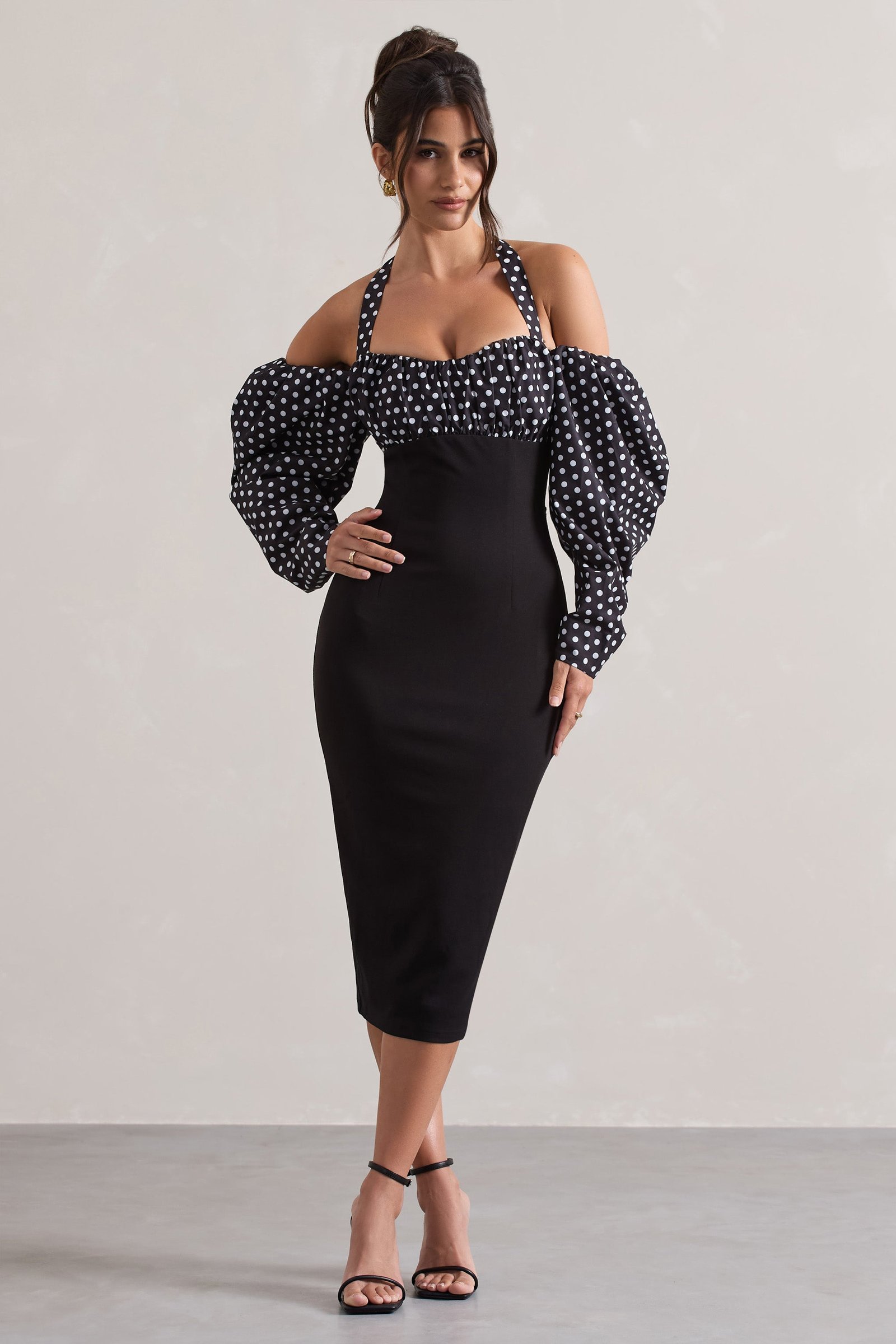 Black And White Polka Dot Halter-Neck Puff Sleeve Midi Dress