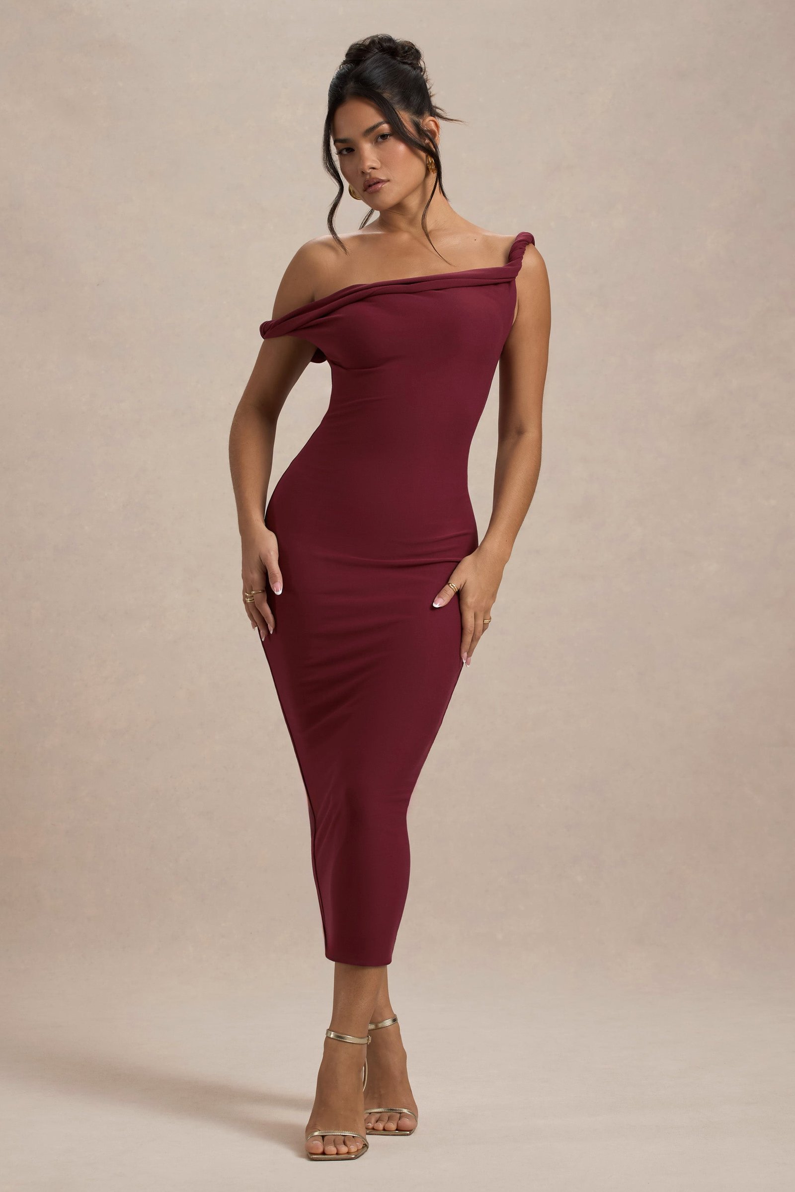 Berry Twisted Asymmetric Midi Dress