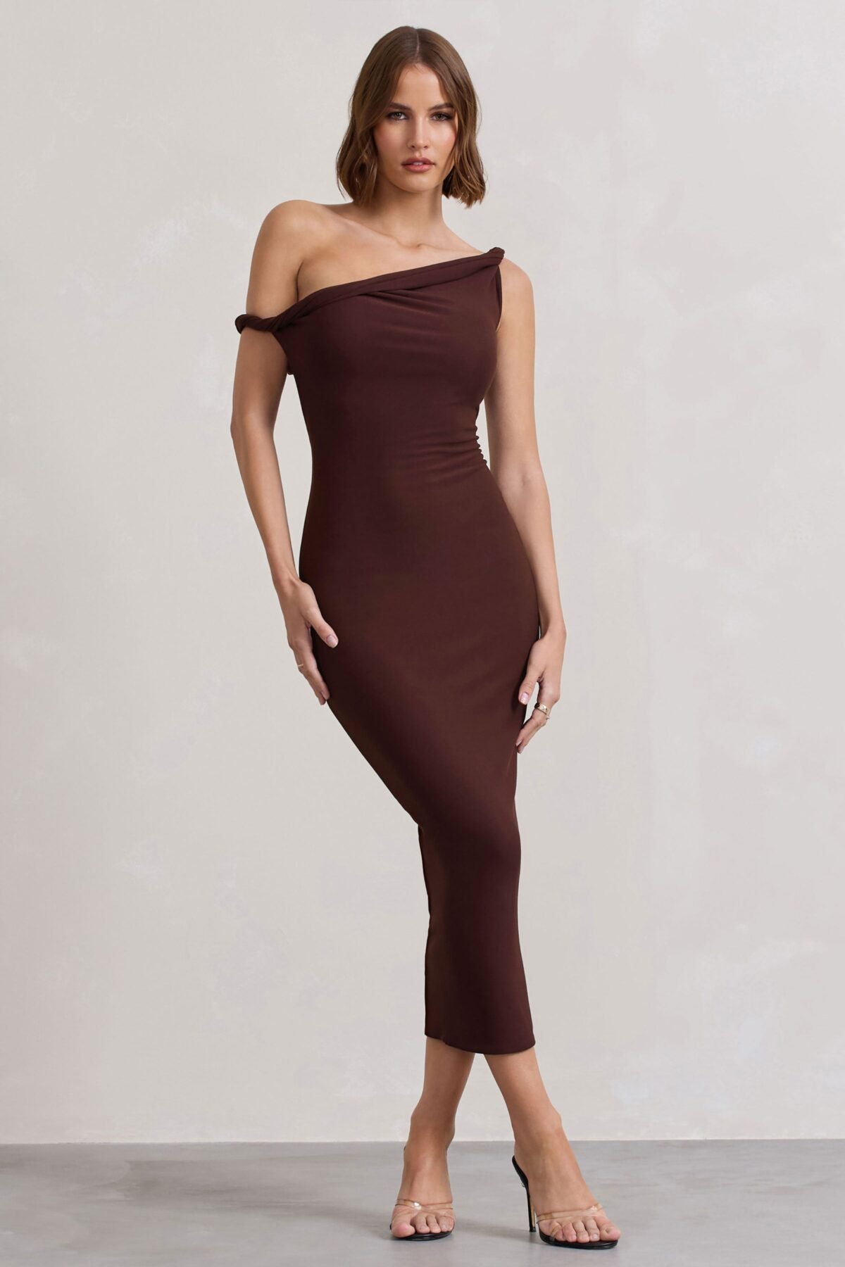Chocolate Brown Twisted Asymmetric Midi Dress