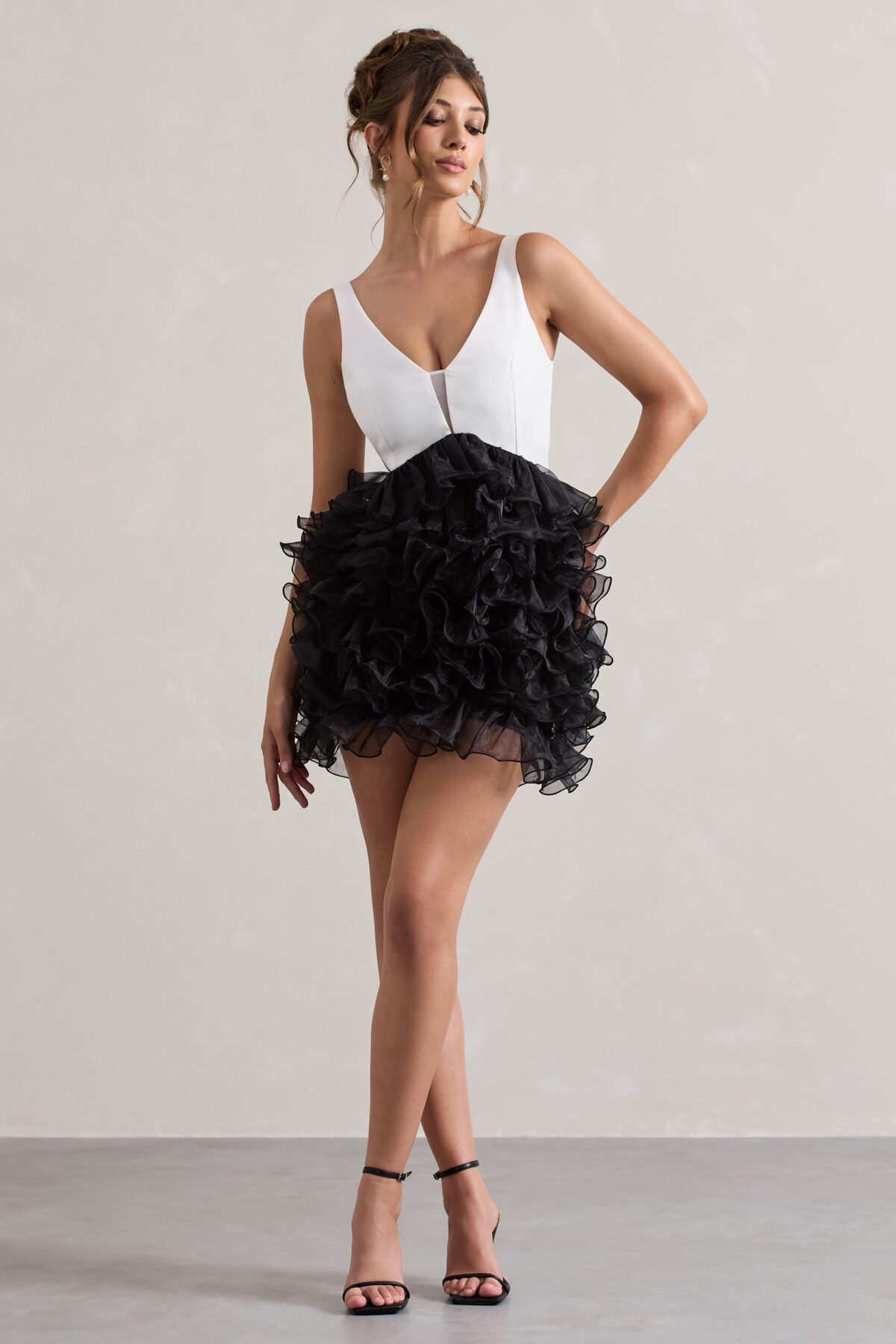 Black And White Plunge-Neck Mini Dress With Organza Skirt