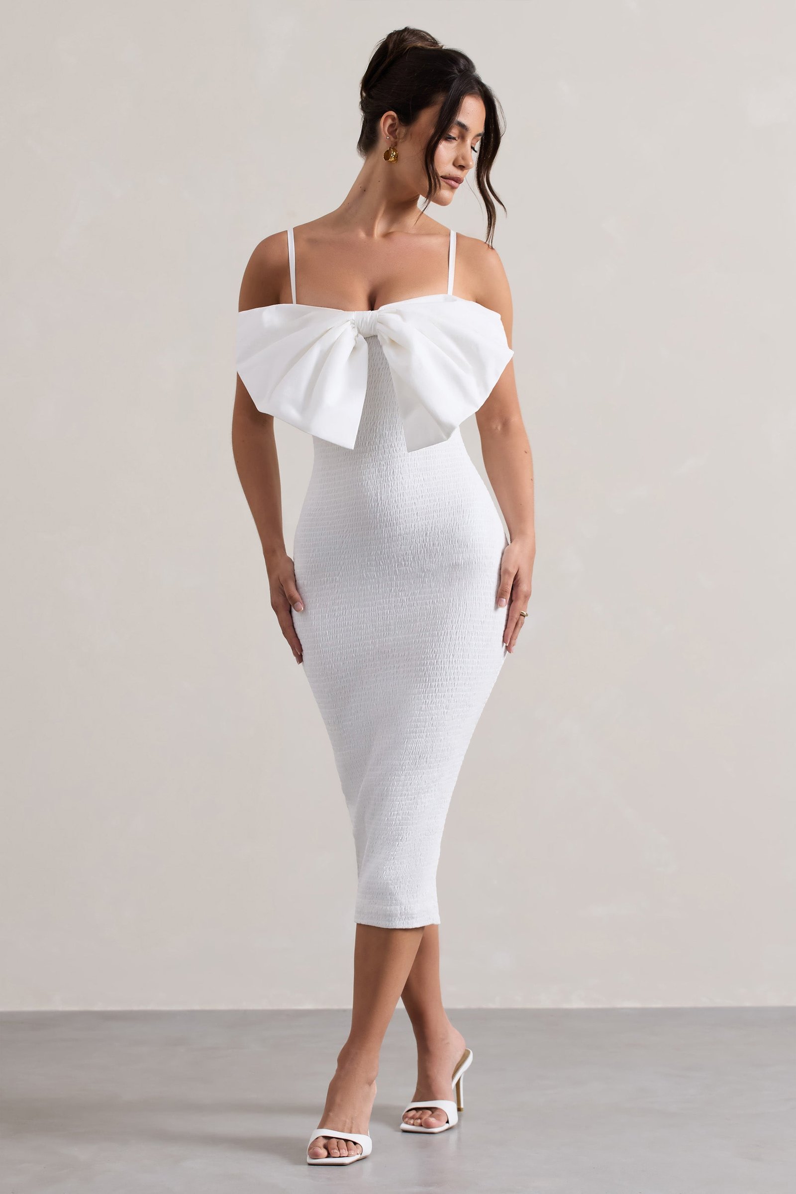 White Bodycon Midi Dress With Oversized Bow