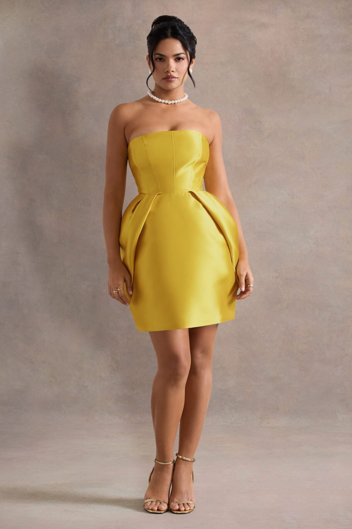 Mustard Bandeau Mini Dress With Tulip Skirt