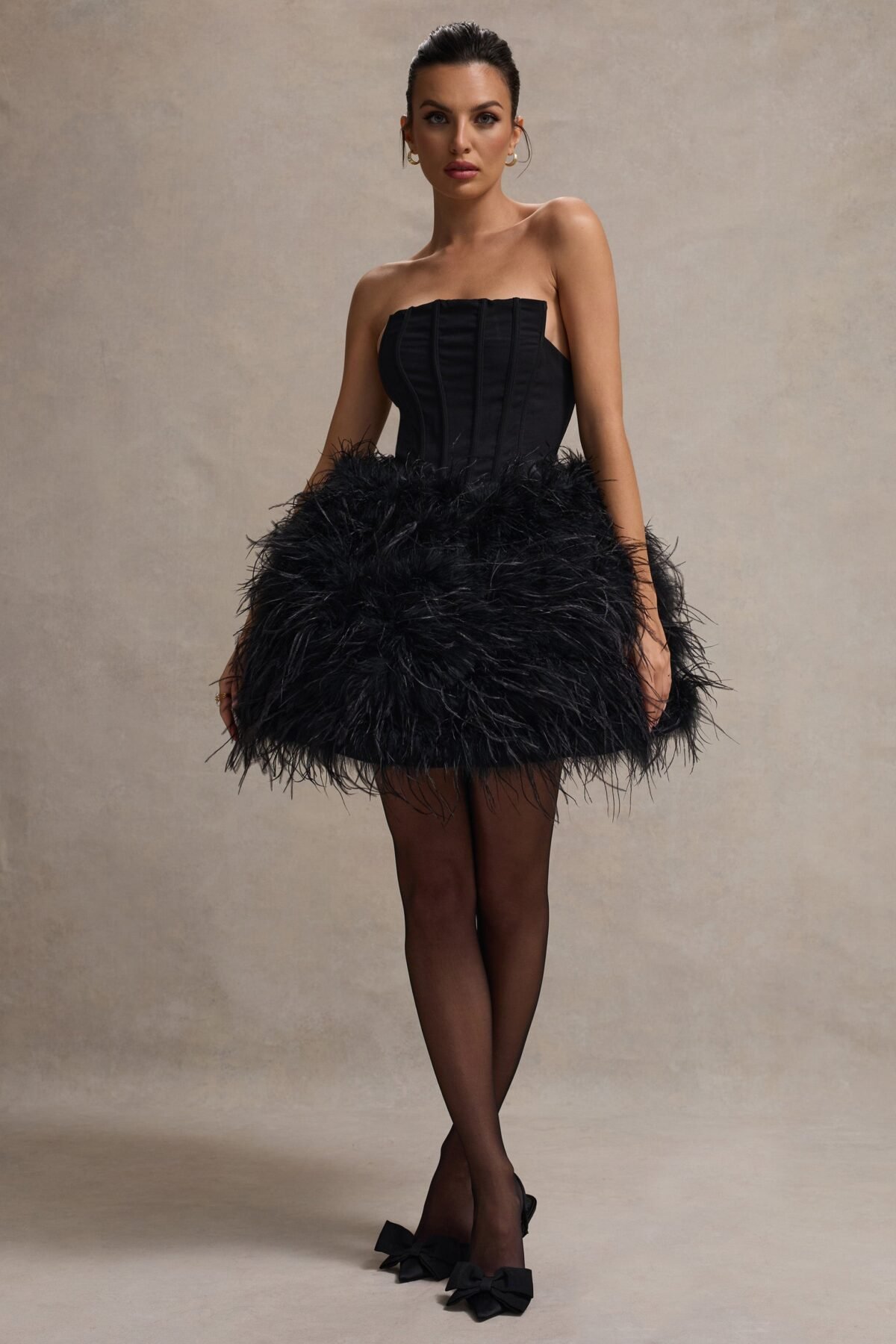 Black Strapless Mini Dress With Volume Feather Hem