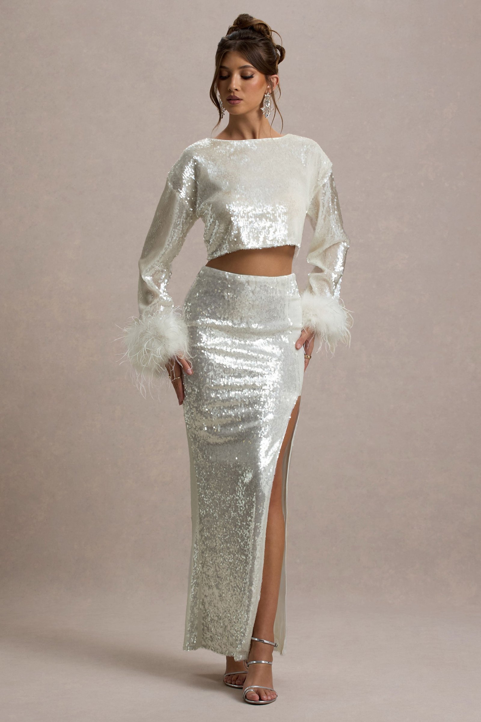 Sand Sequin Split Maxi Skirt