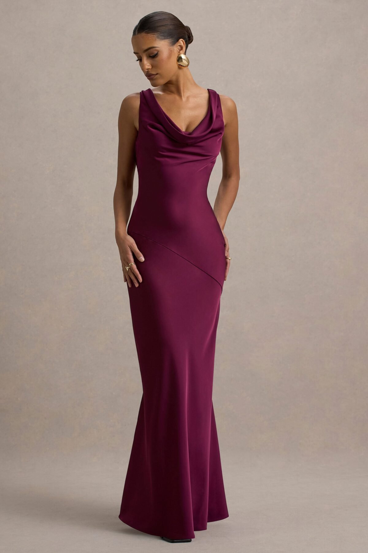 Burgundy Satin Cowl-Neck Slip-Maxi Dress