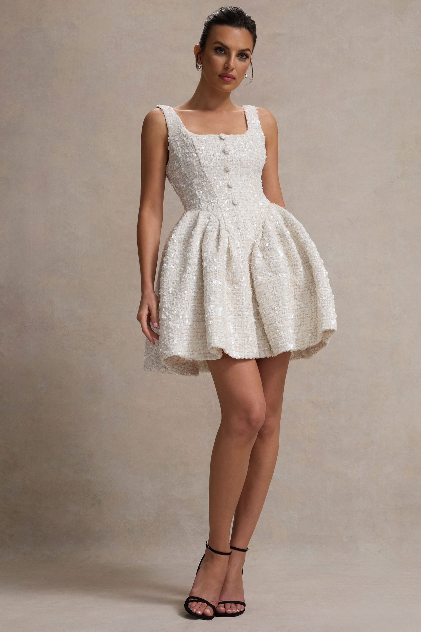 Cream Boucle Square-Neck Mini Dress