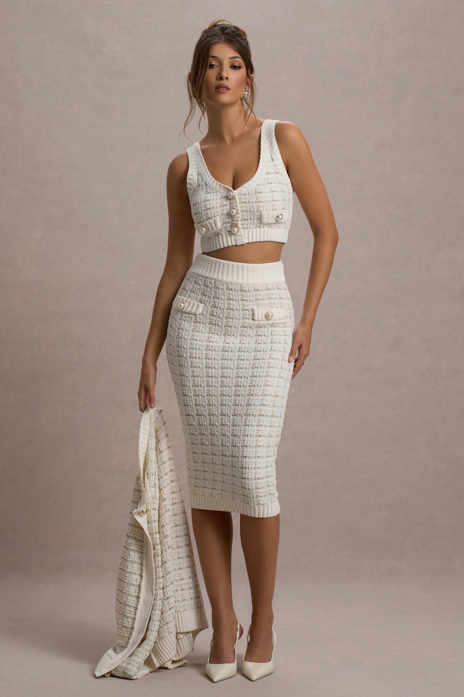 Cream Boucle High-Waist Bodycon Midi Skirt