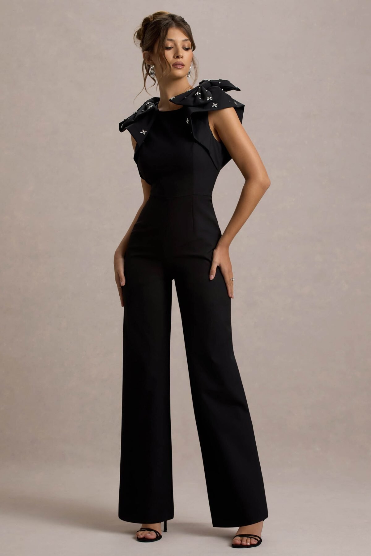 Black Straight-Leg Jumpsuit With Embellished Bows