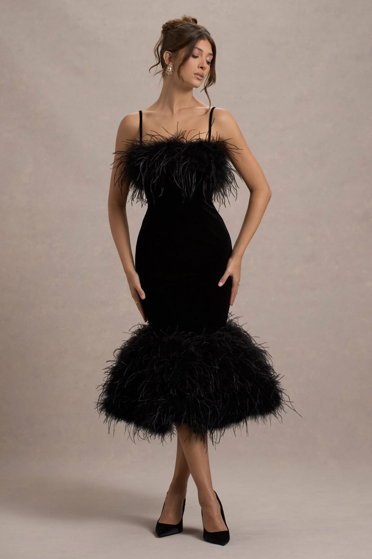 Black Velvet Feather Trim Midi Dress