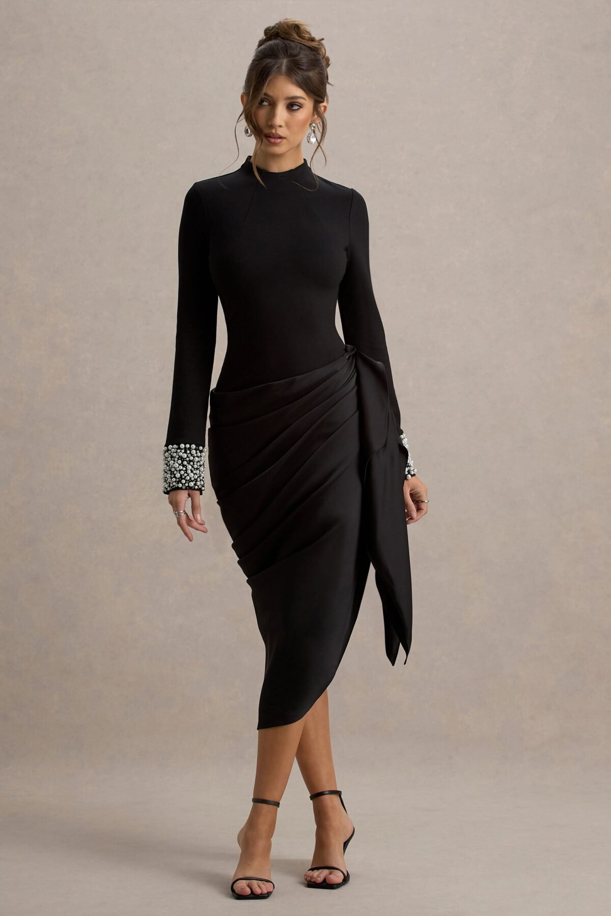 Black Satin Long-Sleeve Midi Dress With Draped Skirt And Embellised Cuffs