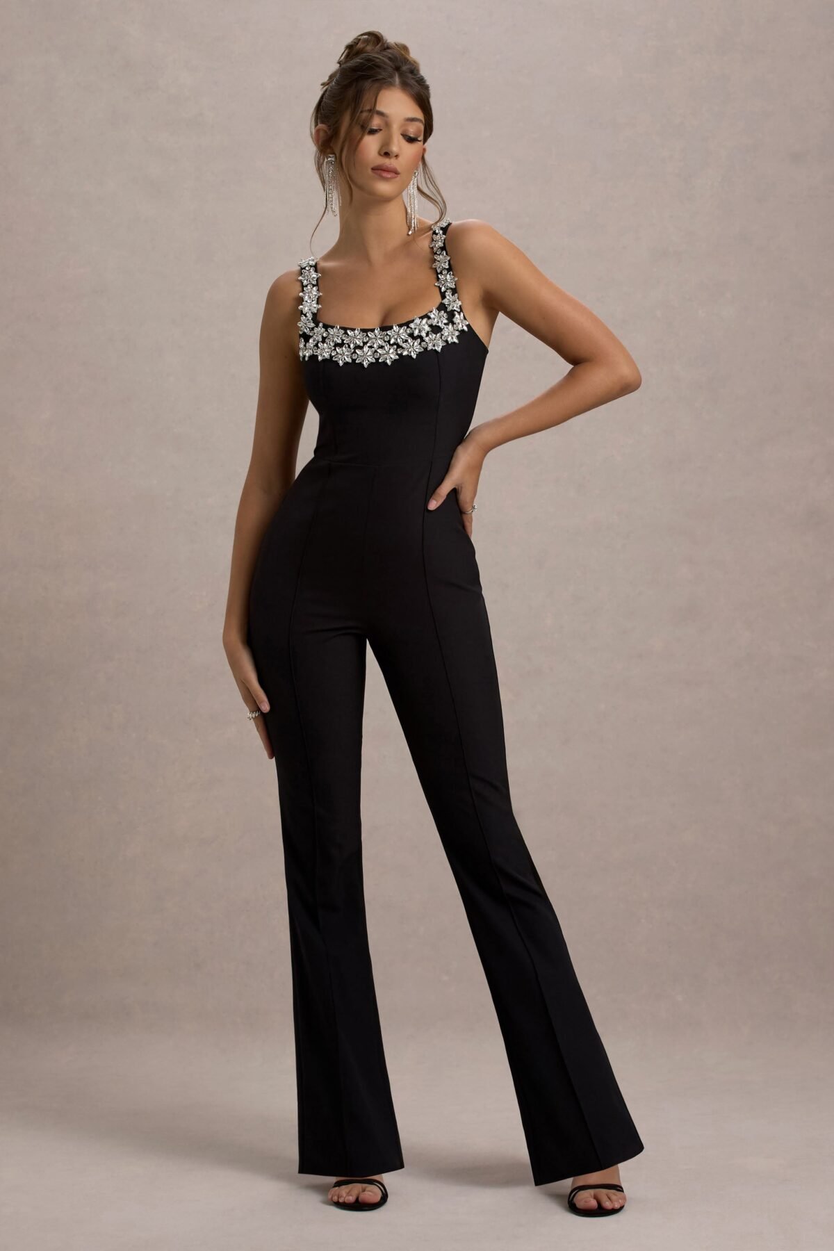 Black Embellished Strappy Flared-Leg Jumpsuit