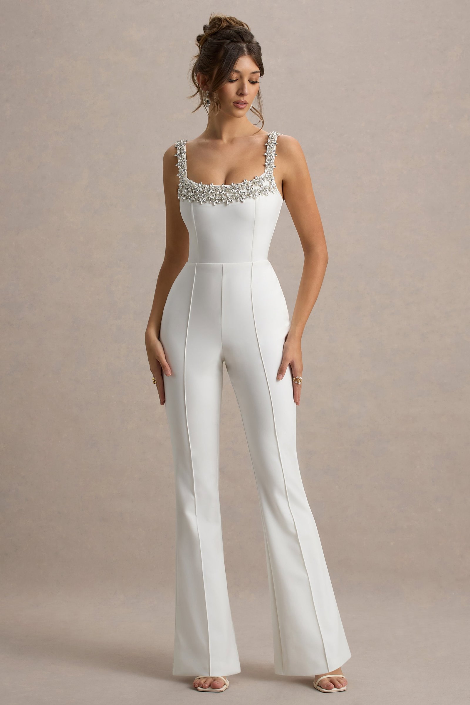 White Embellished Strappy Flared-Leg Jumpsuit