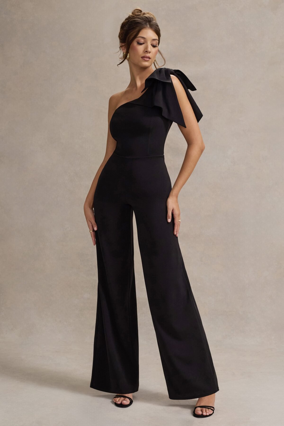 Black One-Shoulder Wide-Leg Jumpsuit With Bow