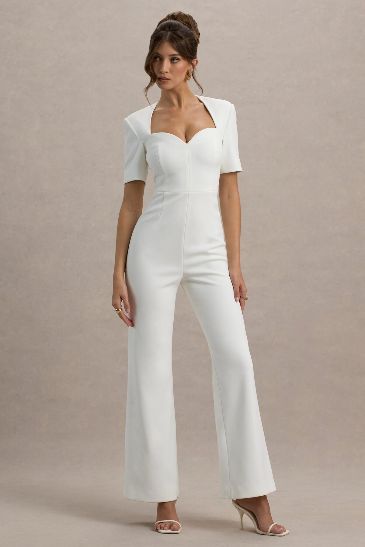 White Sweetheart Short-Sleeve Wide-Leg Jumpsuit