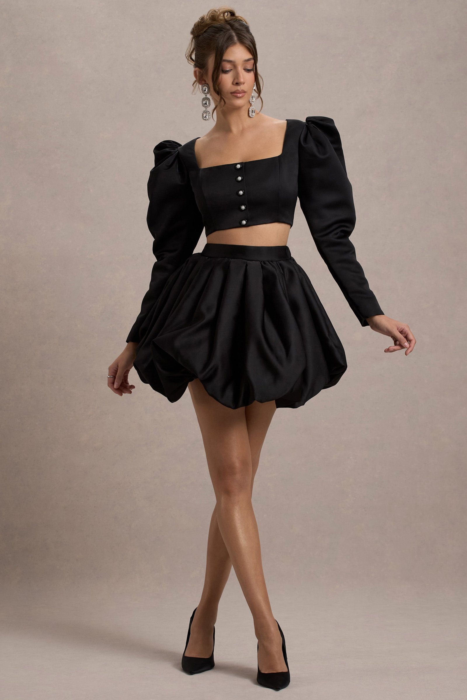 Black Satin Bubble Mini Skirt