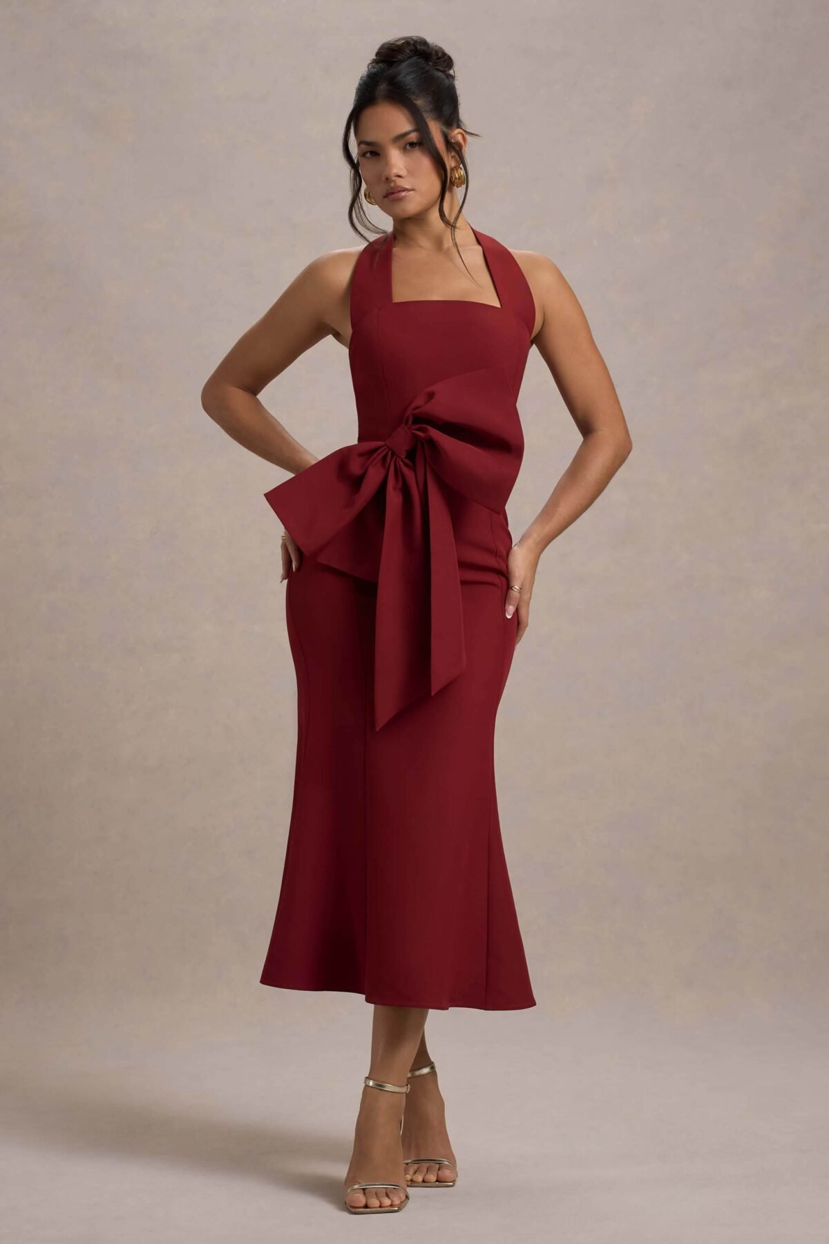 Berry Halter-Neck Midi Dress With Oversized Bow