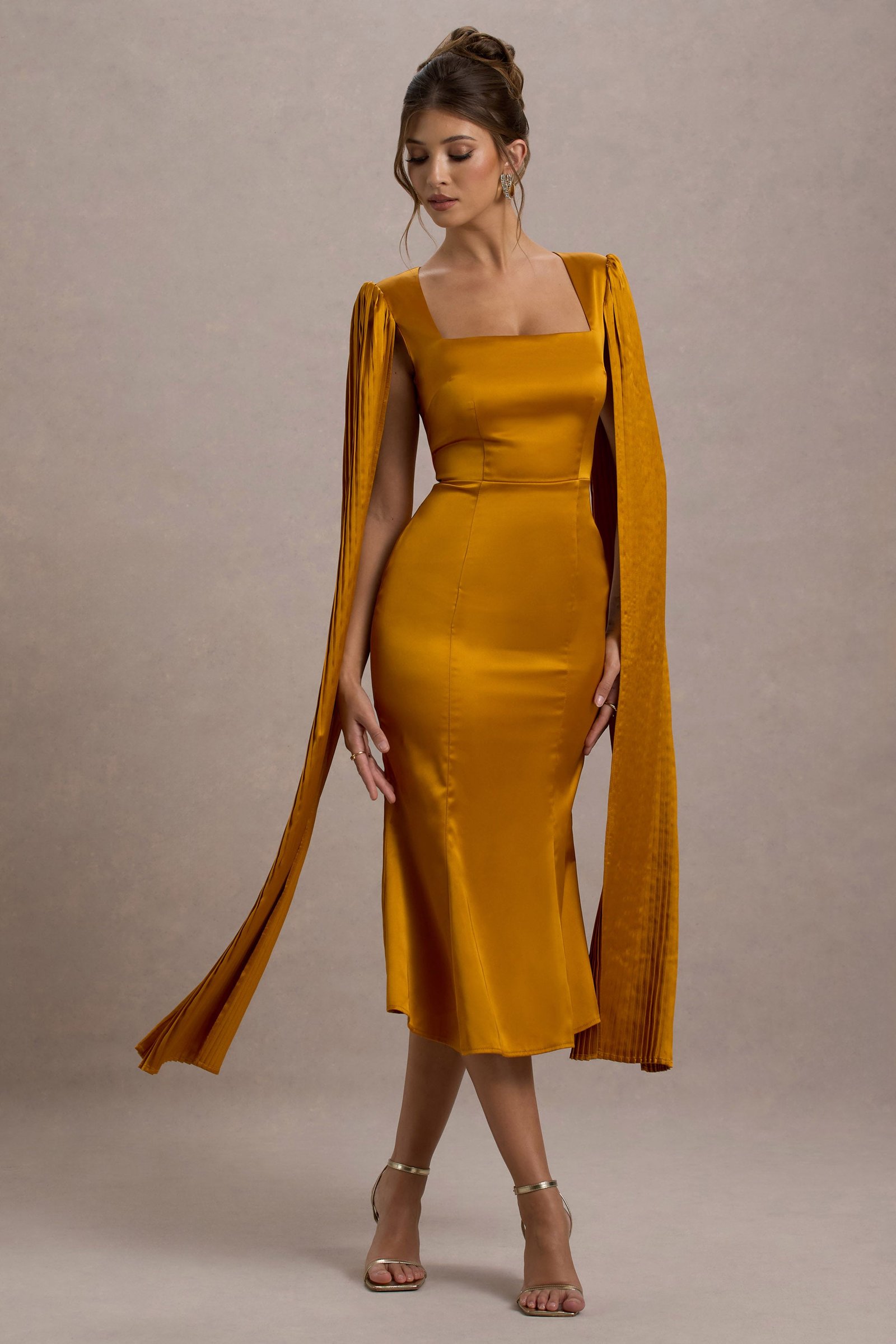 Mustard Square-Neck Midi Dress With Cape Sleeves