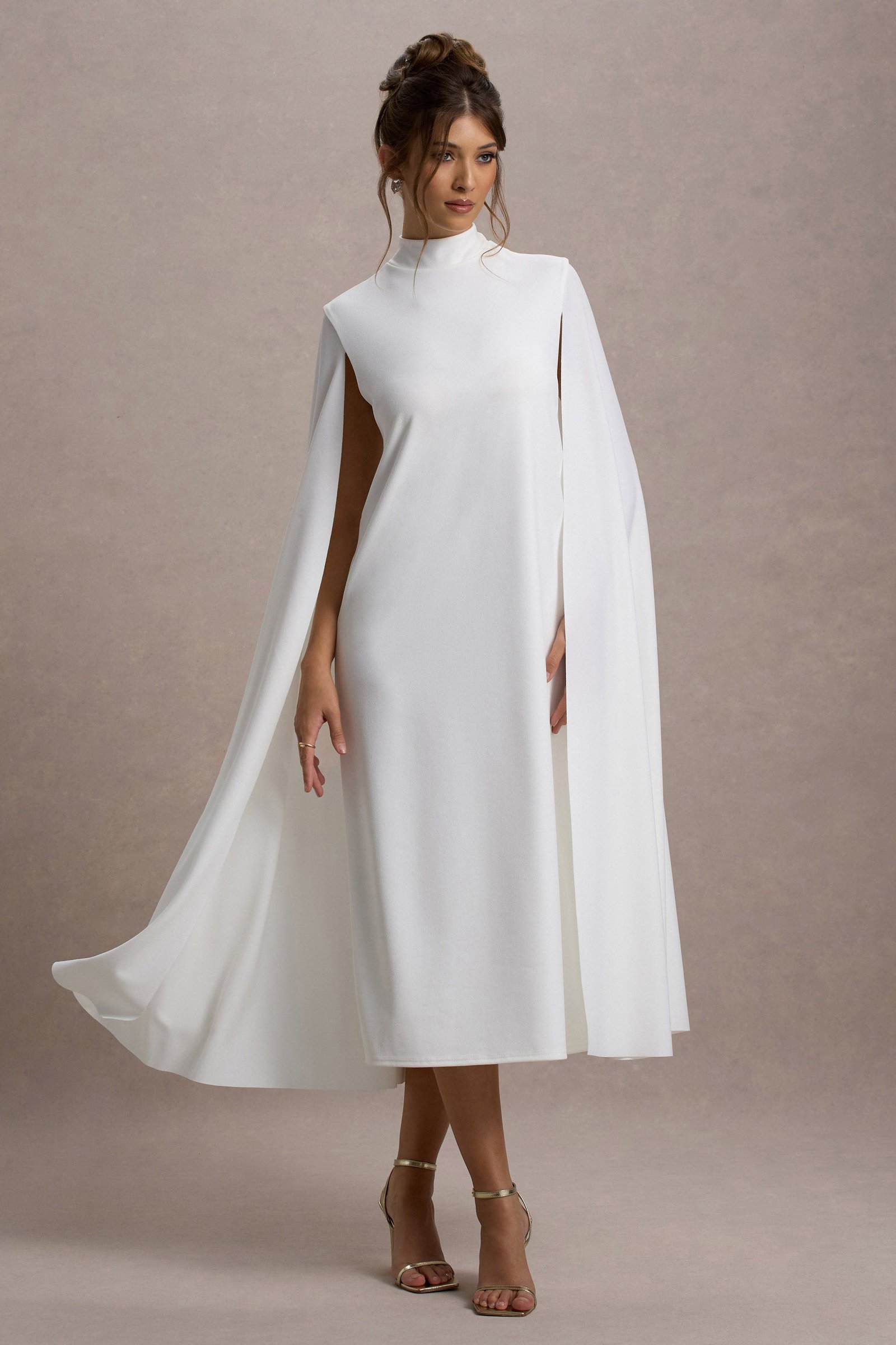 White Long-Sleeve Midi Dress With Cape