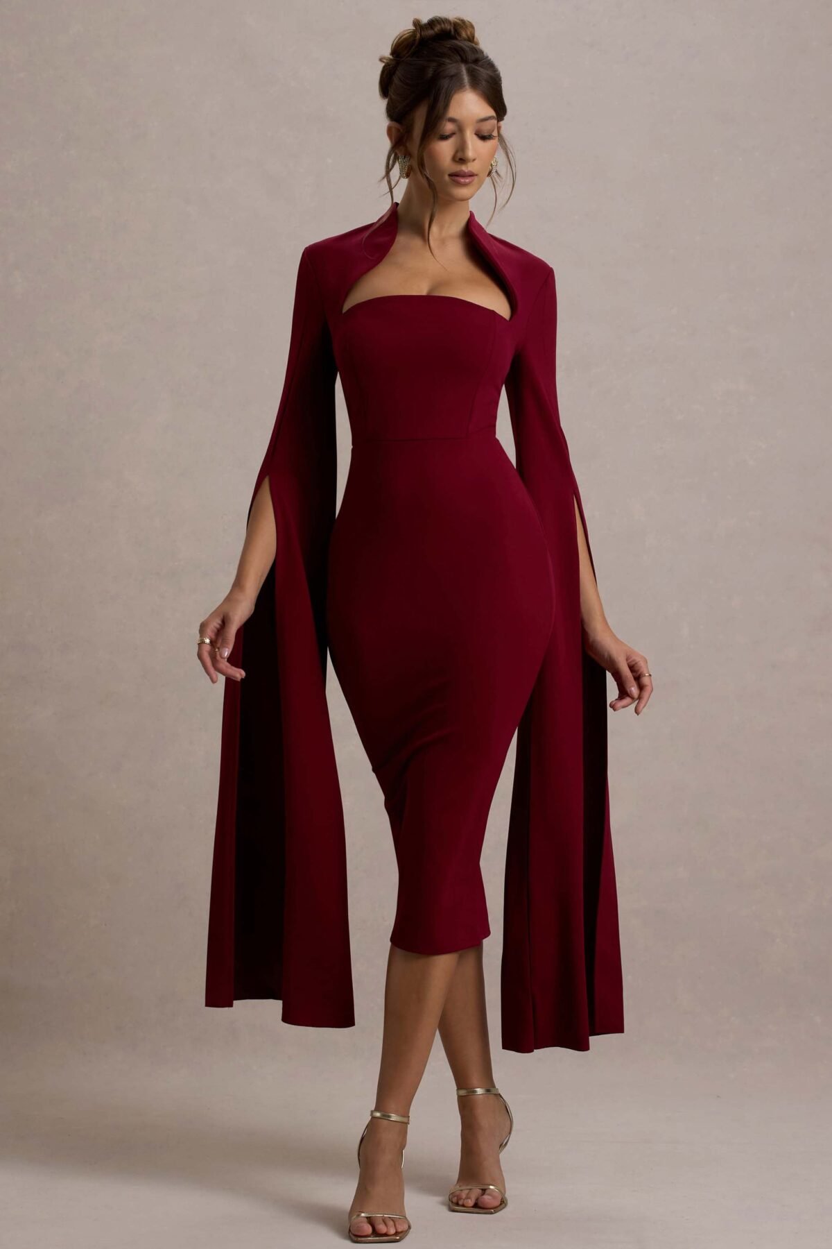 Berry Bodycon Cape-Sleeve Midi Dress