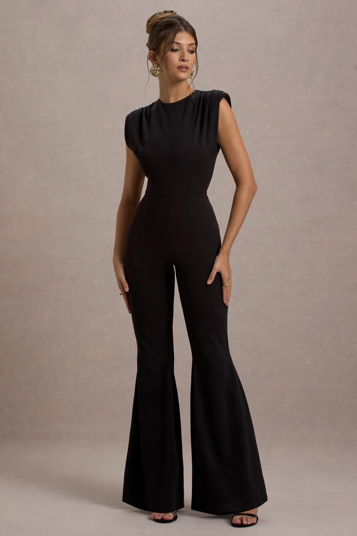 Black High-Neck Draped Flared-Leg Jumpsuit