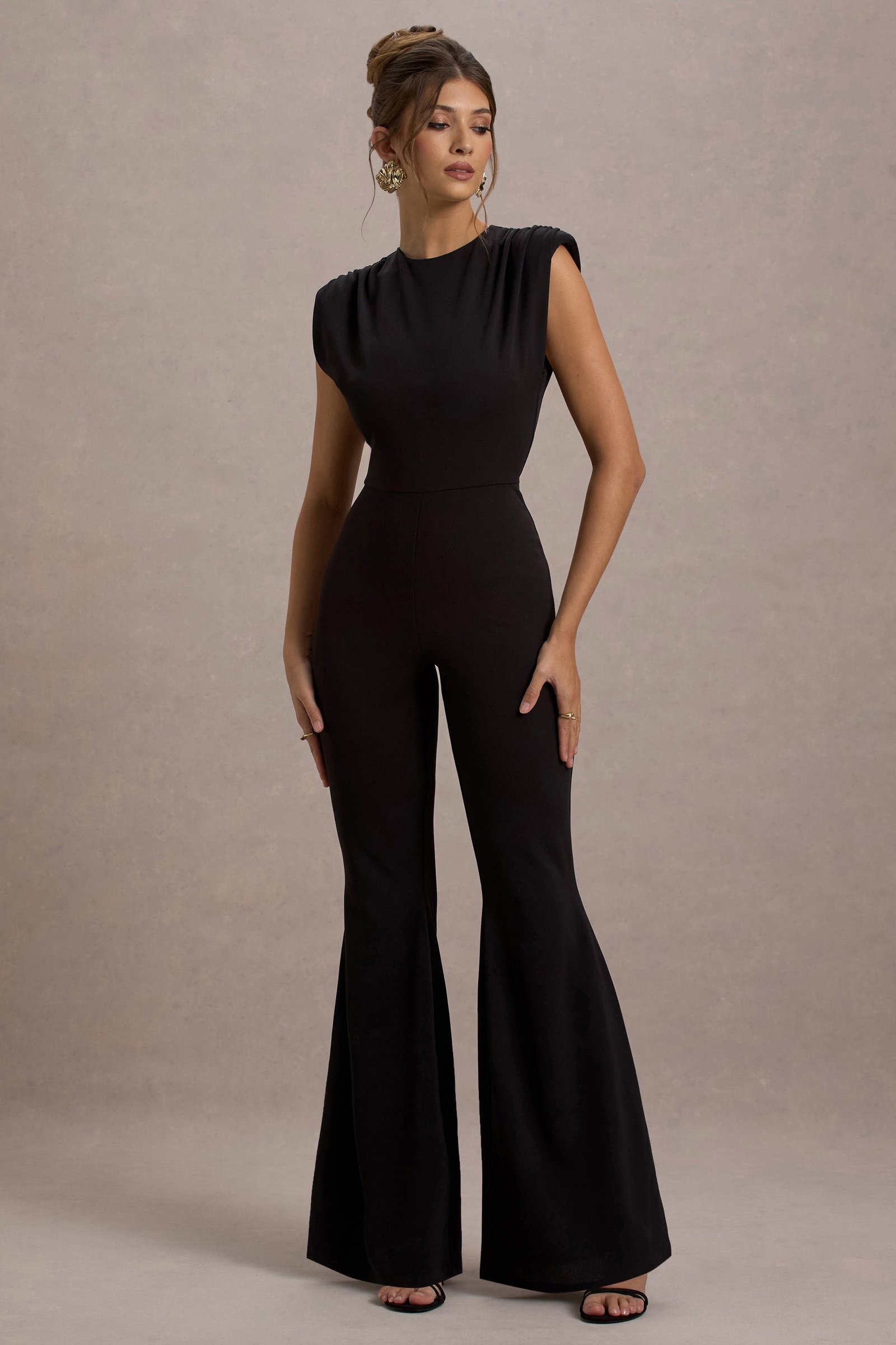 Black High-Neck Draped Flared-Leg Jumpsuit