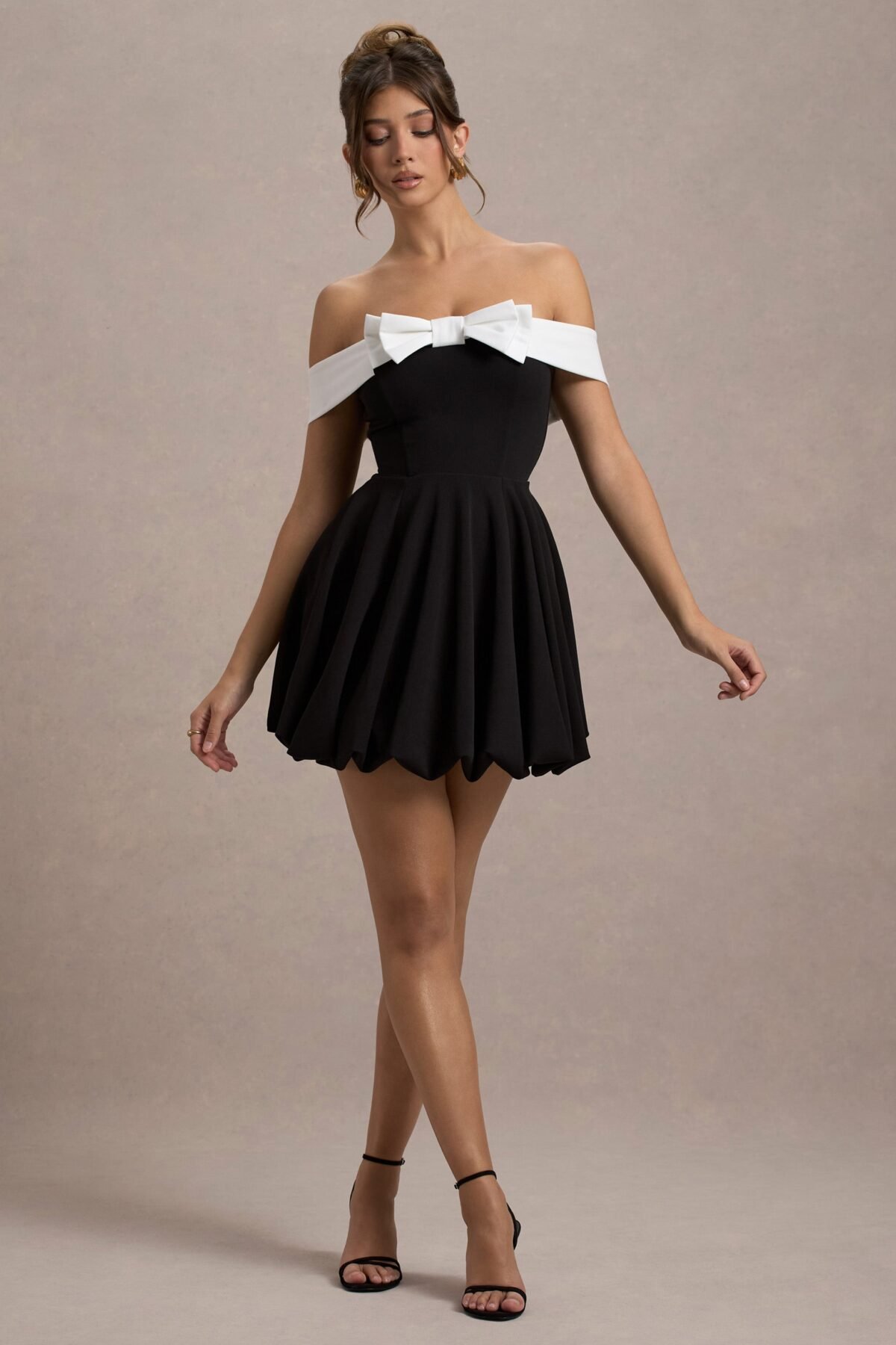 Black And White Bow Bardot Mini Dress With Puff-Ball Skirt