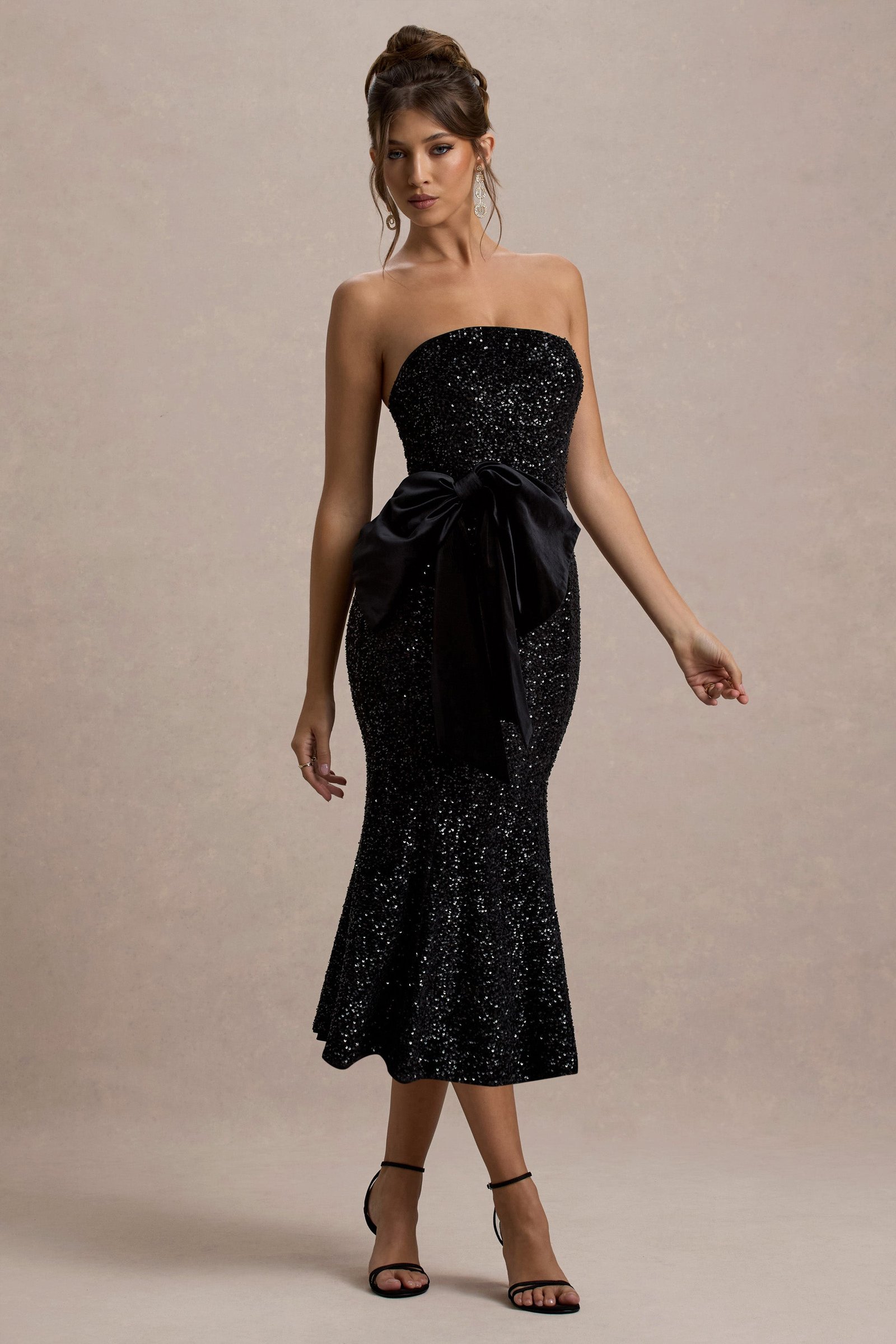 Black Sequin Velvet Halter-Neck Midi Dress With Bow