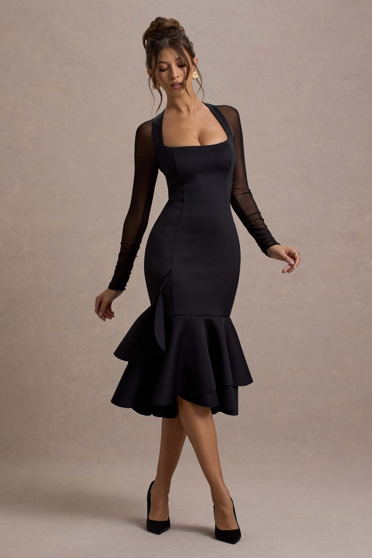 Black Mesh Long-Sleeve Ruffle-Hem Midi Dress