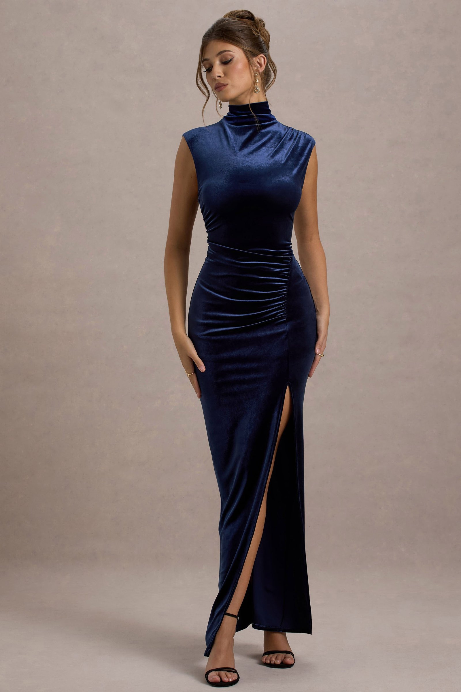 Navy Velvet High-Neck Split Maxi Dress