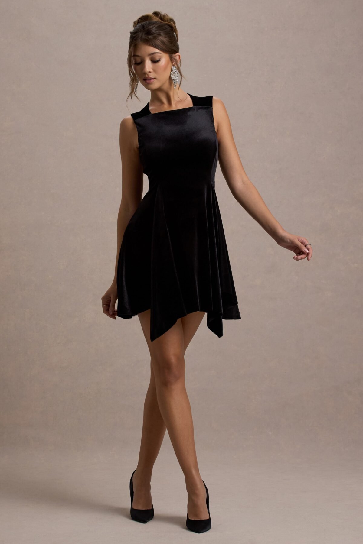 Black Velvet Draped-Hem Mini Dress