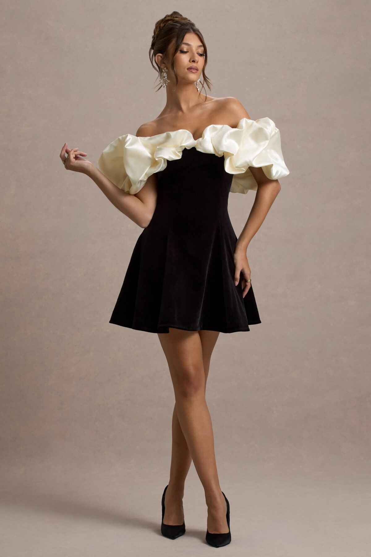 Black And Cream Velvet Mini Dress With Satin Puff Sleeves
