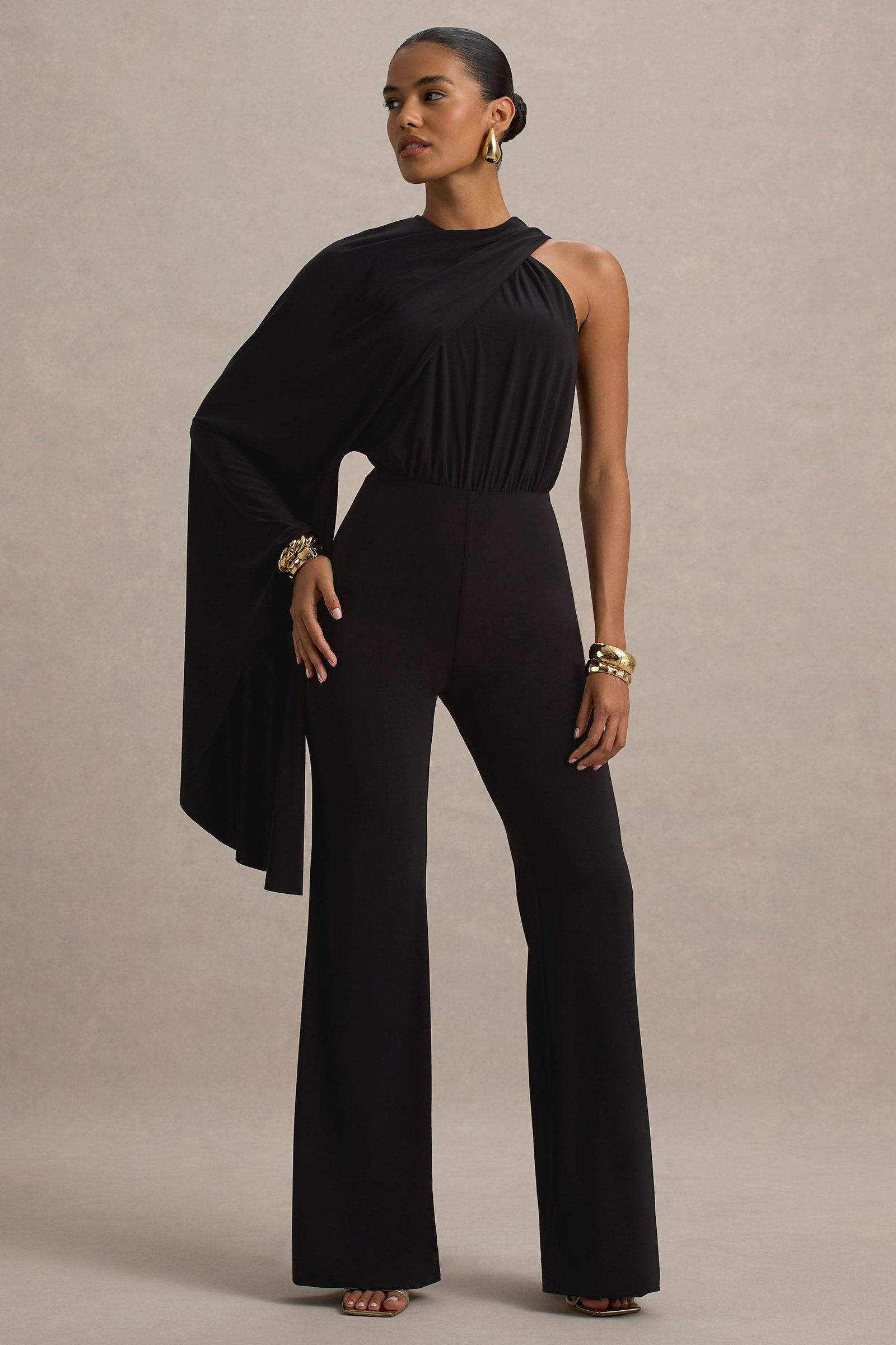 Black High-Neck Flared-Leg Jumpsuit With Cape Sleeve